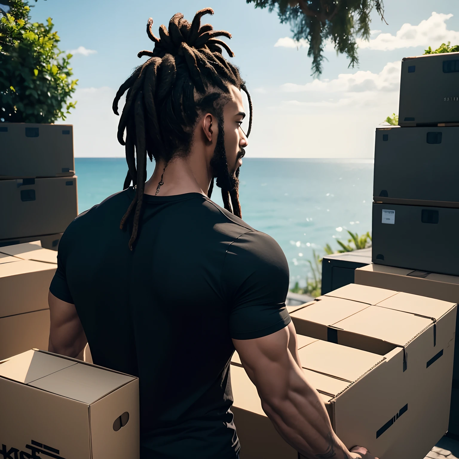 Back view of a quite muscular man with dreads wearing a black t-shirt. He is also moving boxes. Lo-fi vibes, 8k, scenic, lo-fi picture, ultra definition.