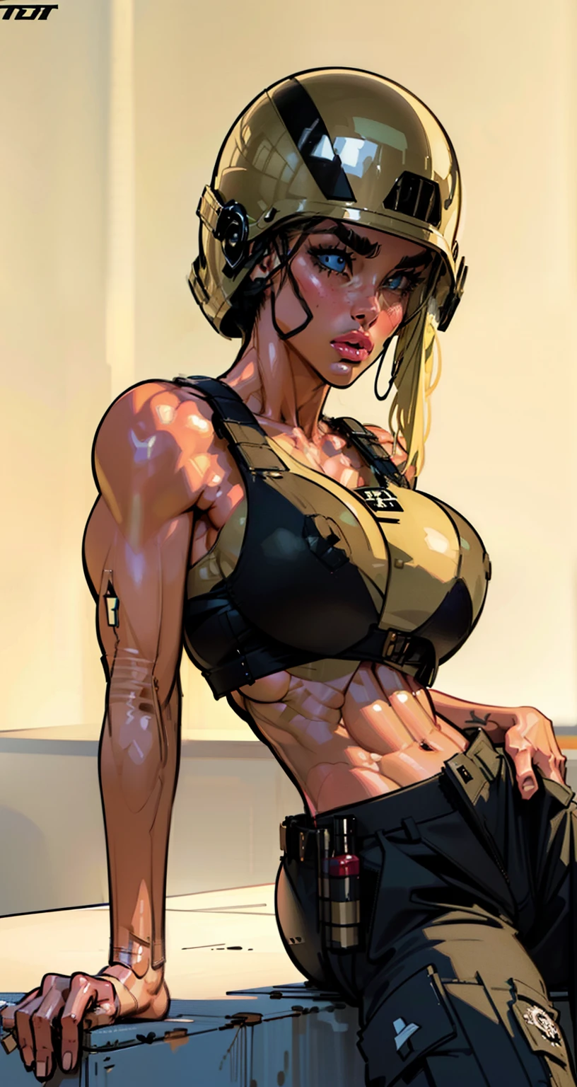 sexy ((soldier1.6))((military helmet:1.5)) wearing (cargo pants:1.4)(perfect face), detailed face, (symmetrical eyes), perfect nose, (wears vest:1.2), wearing (small black bra on :1.4) that barely covers the , (gigantic breasts:1.4) (blonde hair combed to side:1.6)analog style posing against a tank, (backlit)1.2, (film grain)1.2, cinematic movie still frame, low-rise pants (large lips, bimbo style, thepit, perfect eyebrows)