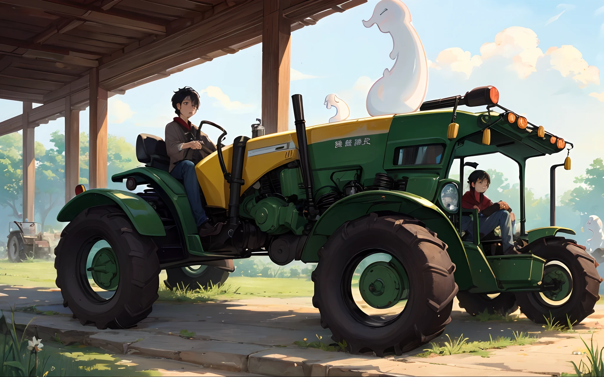 A Chinese Yan Wang drives a worn-out tractor,There are little ghosts floating around,There are skeletons in front of you。