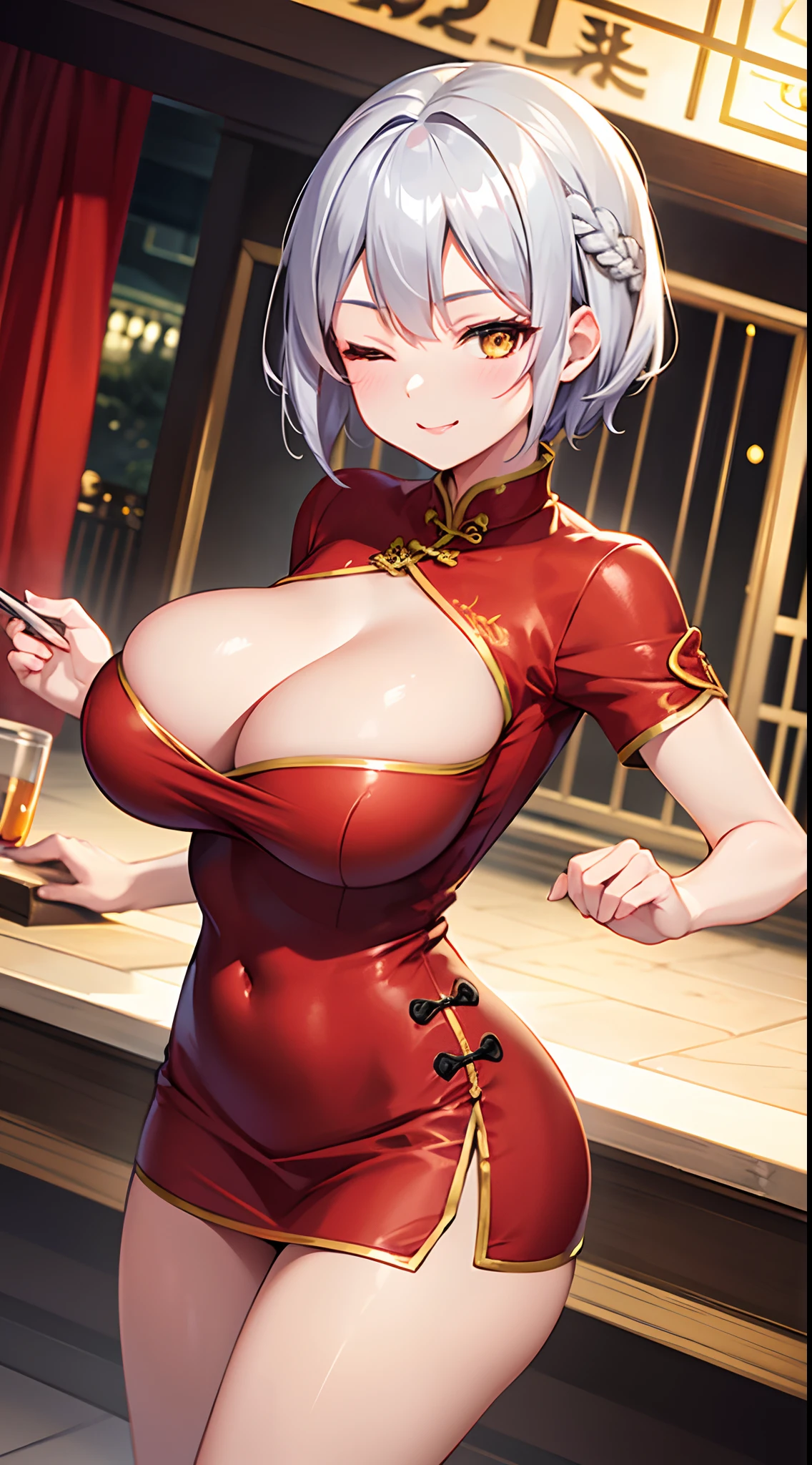 1 girl, game CG, red cheongsam, cleavage visible, short cheongsam skirt, gigantic breasts, silver hair, short hair, french braid, yellow eyes, smile, one eye closed, dynamic, outside,