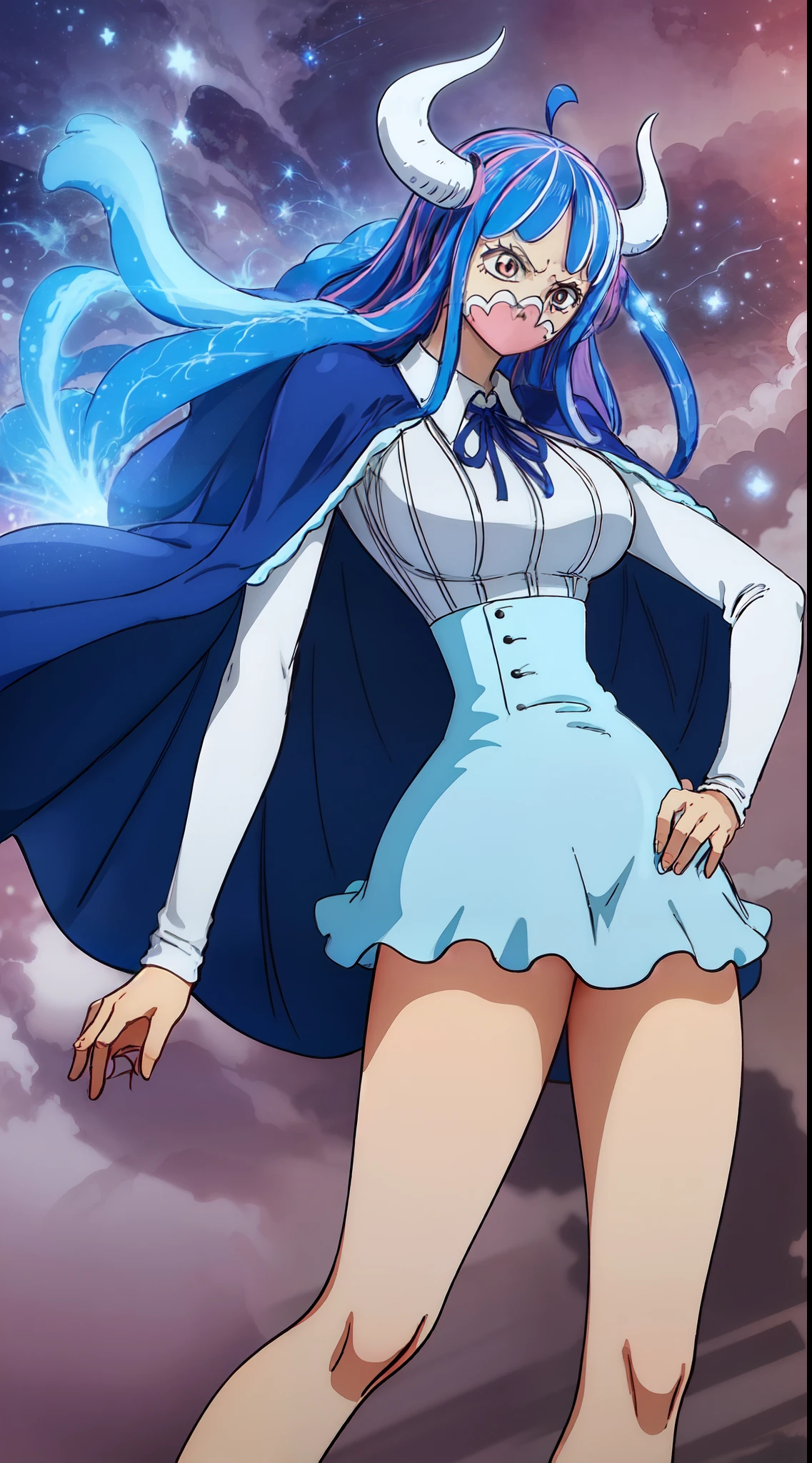 Ulti from one piece, blue hair, red eyes, pink mask, horns, Ulti takes to wearing a long-sleeved minidress that is white and pleated above the waist, with a blue bow below a point collar. The dress's lower, light-blue, and non-pleated section, with a button placket in the middle, ends in a short skirt part that has a slightly ruffled hem, leaving most of Ulti's legs visible. Fastened on her shoulders is a darker-blue cape, red heels, booty, side view, close up,