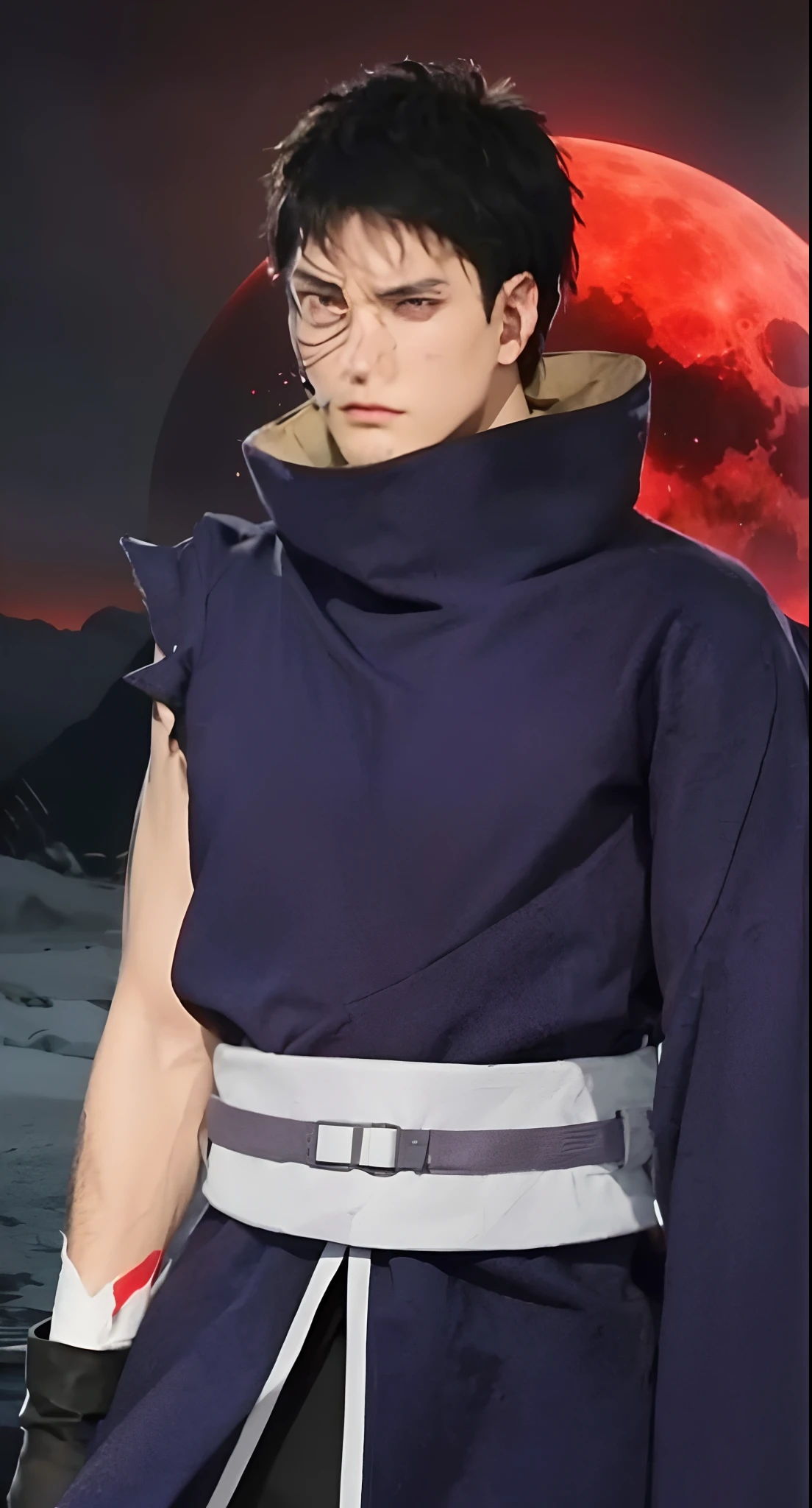 Real life adaption of this character, handsome face, villain expression, looking to viewer,realistic same hair , (realistic same outf ,One of his sleeves was torn), realistic red moon background, hyper realistic, realistic light, realistic shadow, realism,(photorealistic:1.2)