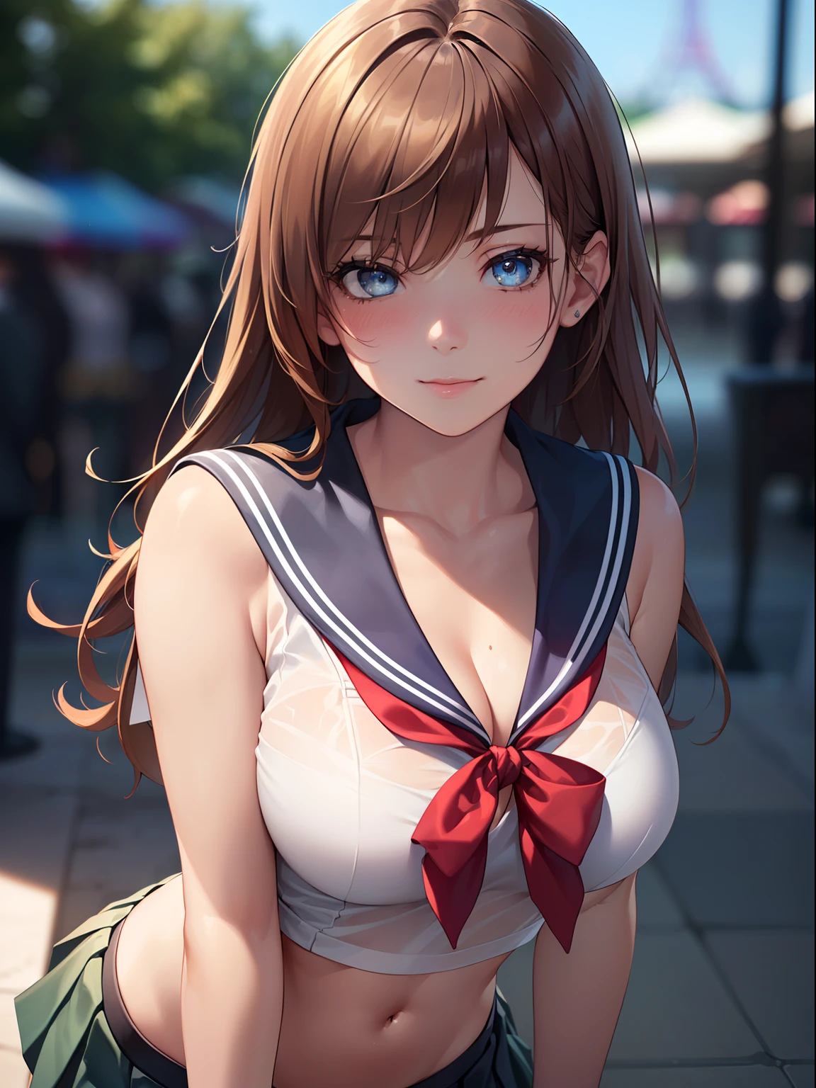 ((masterpiece, best quality, highres, UHD, perfect pixel, depth of field, 4k, RTX, HDR))), 1girl, single, solo, show off cleavage, beautiful girl, beautiful artstyle, ((long hair, bangs, brown hair, curly hair:0.8)), ((Detailed beautiful eyes, beautiful eyelashes, realistic eyes)), ((detailed face, blushing:1.2)), ((smooth texture:0.75, realistic texture:0.65, photorealistic:1.1)), large breasts, dynamic angle, perfect body, ((portrait, pov)), ((( Light sailor shirt, Sleeveless, Open front))), (((Navel ))), (((Sheer Micro Mini Skirt))),, smile, amusement park