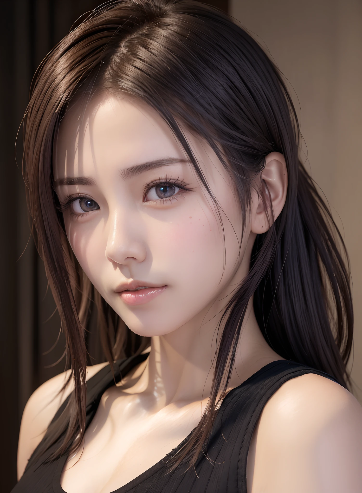 high quality picture, masutepiece, detailed hair texture, Detailed skin texture, Detailed Cloth Texture, 8K, Add fabric details, ultra detailed skin texture, ultra detailed photographic, Skin pores, Portrait of a girl, wearing tank top,