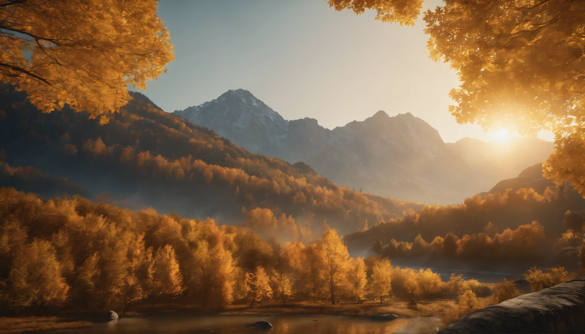 high-level image quality，(8K, hentail realism, RAW photogr, top-quality: 1.4), Ultra-wide angle of view，Beautiful view of autumn，rivulets，The background is mountains，Ginkgo tree，golden autumn，Daytime，Sheer sunlight,Colored leaves，high qulity，super-fine，Hyper-realistic，Ultra photo realsisim，Realistic landscape，35mm camera lens，ultra - detailed