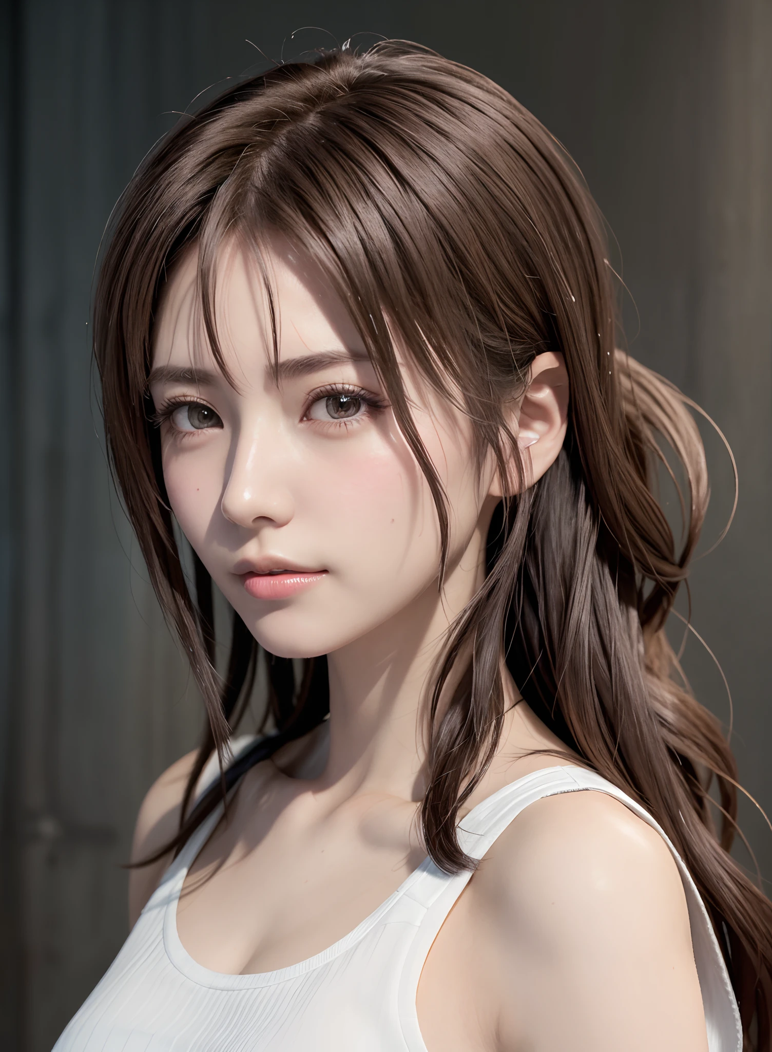 high quality picture, masutepiece, detailed hair texture, Detailed skin texture, Detailed Cloth Texture, 8K, Add fabric details, ultra detailed skin texture, ultra detailed photographic, Skin pores, Portrait of a girl, wearing tank top,