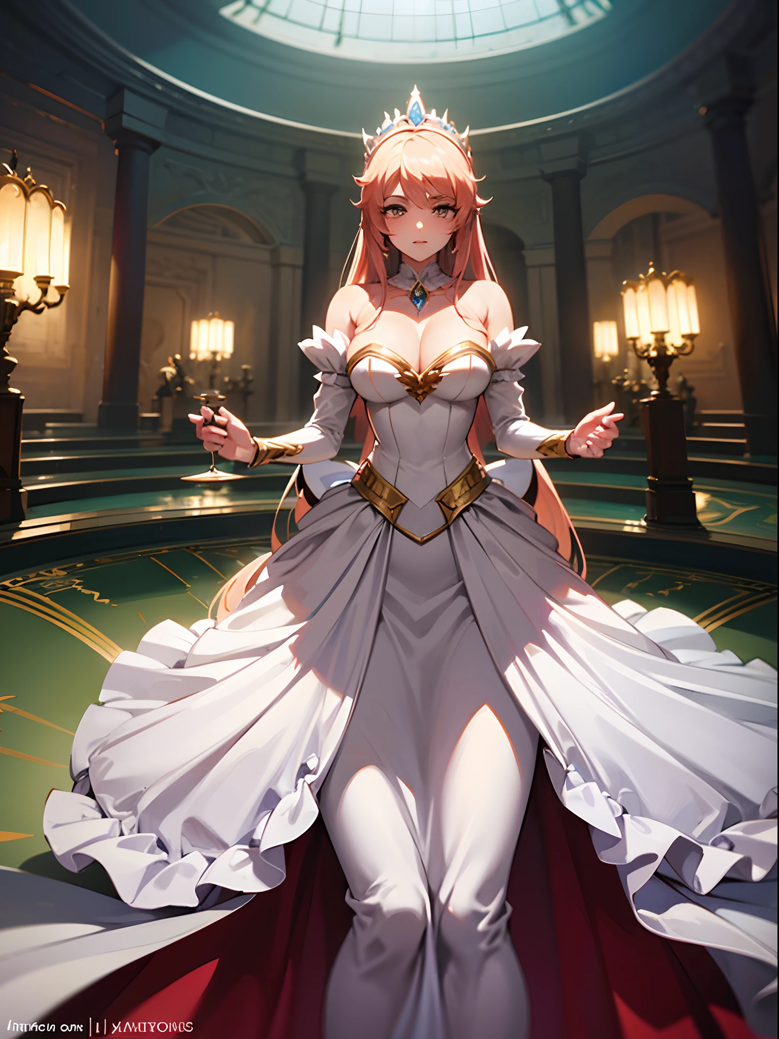 Princesas conuna gran armadura y pechos grandes, anime, espada en mano, elegante, pelo rojo,