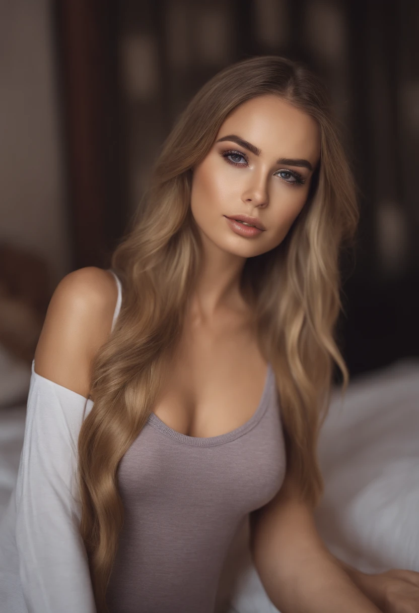 arafed woman fully , sexy girl with blue eyes, ultra realistic, meticulously detailed, portrait sophie mudd, blonde hair and large eyes, selfie of a young woman, bedroom eyes, violet myers, without makeup, natural makeup, looking directly at the camera, face with artgram, subtle makeup, stunning full body shot kneeling on bed, in bedroom, medium to large size bust, wearing