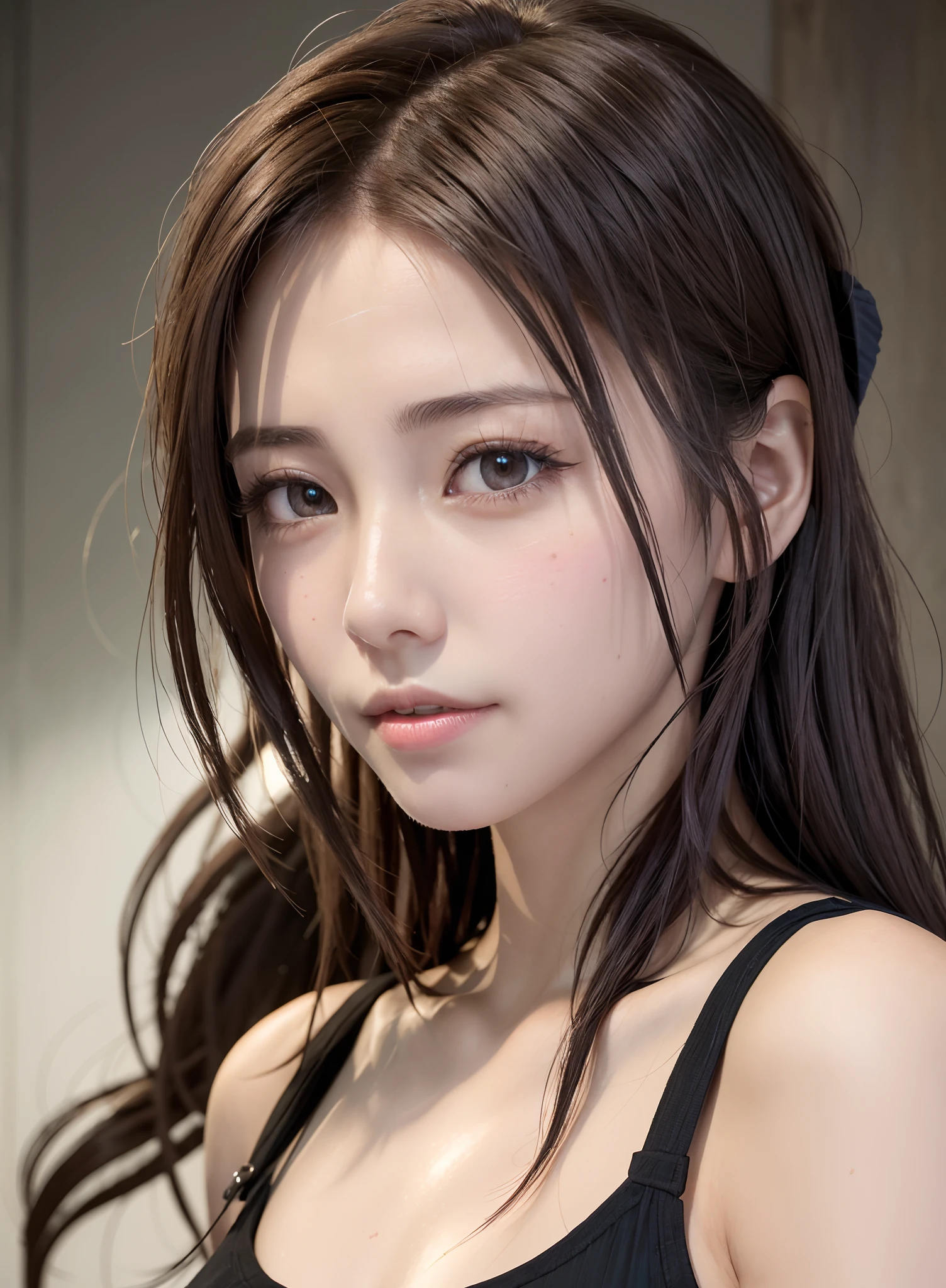 high quality picture, masutepiece, detailed hair texture, Detailed skin texture, Detailed Cloth Texture, 8K, Add fabric details, ultra detailed skin texture, ultra detailed photographic, Skin pores, Portrait of a girl, wearing tank top,