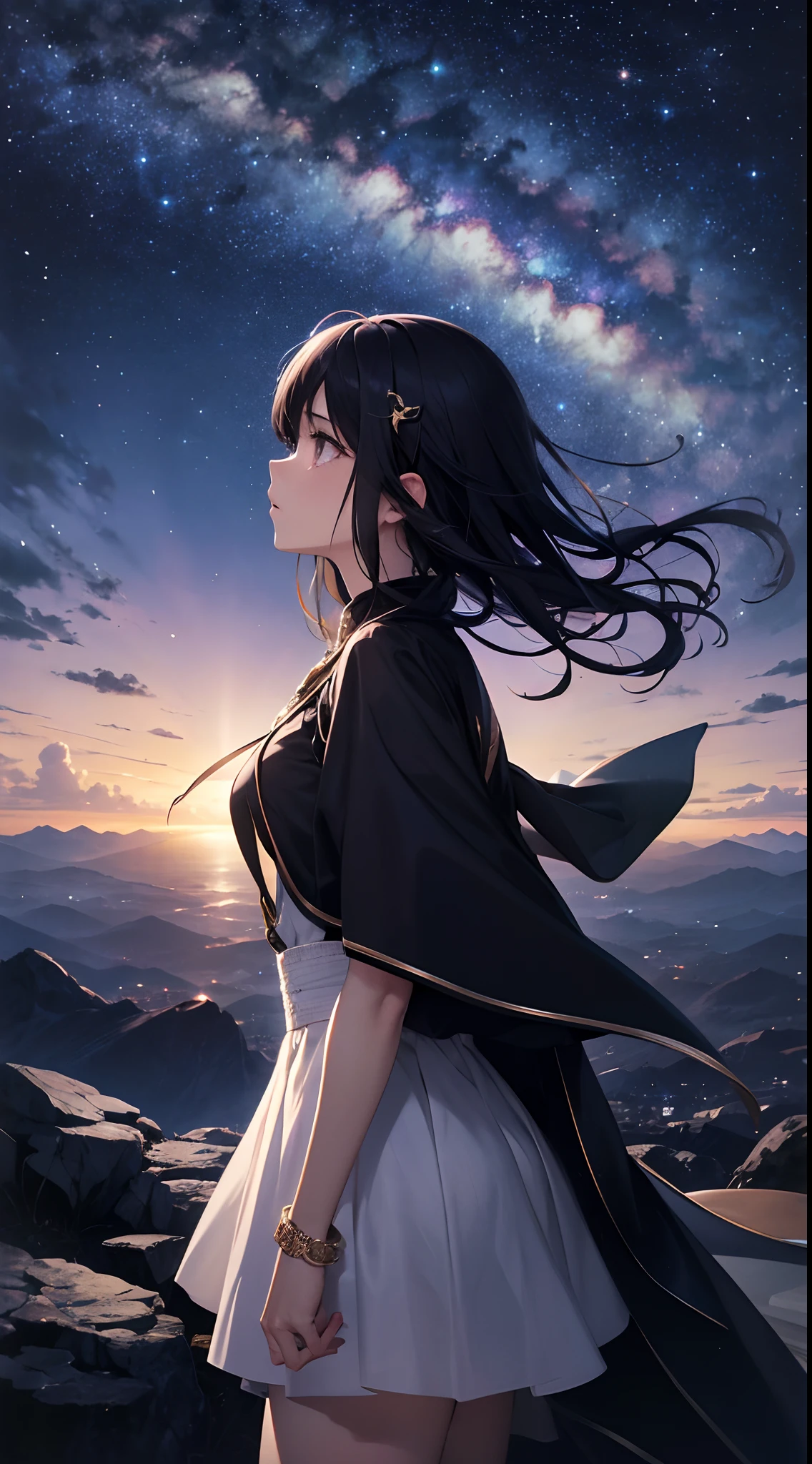 absurdres, highres, (official art, beautiful and aesthetic:1.2), close view,
1girl, shining sky, vast world, gazing, awe-inspiring expression, distant horizon, clouds, high hill, natural beauty, inspiration, night sky, Shining Stars,