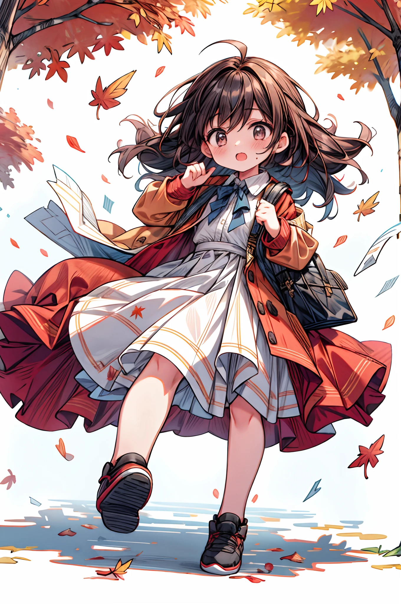 autumn, a 1girl, Runs, Hurry, Worried, Hair develops in the wind, Clothes flutter in the wind, They're following her
leaves, paper, Flyers
