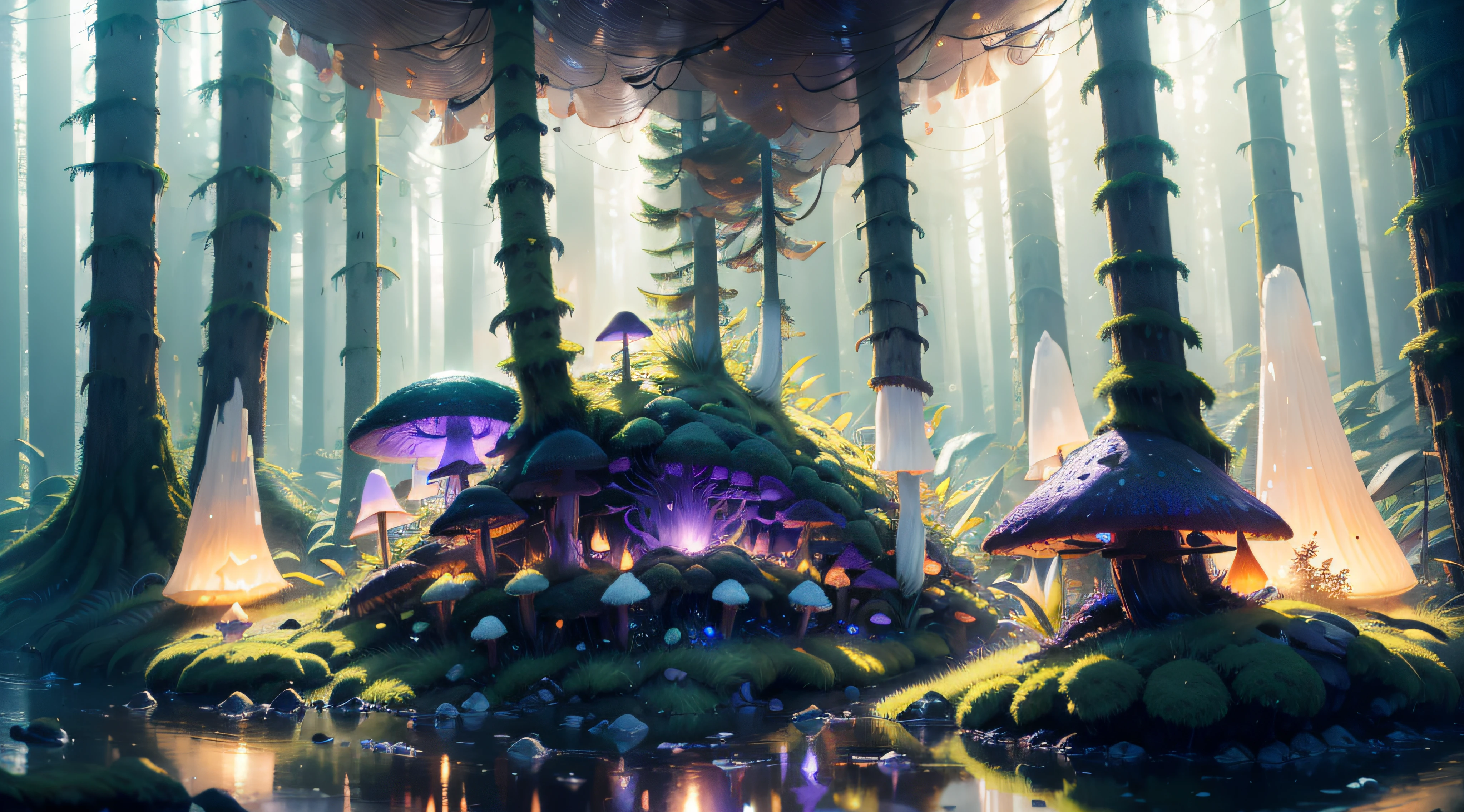 Housed in a gigantic tree: a door A door opening onto an enchanting and luminous world. Forest of majestic trees, colossal roots, surrounded by mist, forest filled with green moss and climbing, dark and disturbing. misty wood, trees with a mystical aura, sunlight filtering through the fog, mysterious atmosphere, spotted light, purple mist, ethereal landscape, creepy ambience, bright green moss, dense fog, hidden paths, morning mist, soft colors, murmur of the wind, of a bewitching beauty, surrealist and dreamlike, quiet and intact, breathtaking and captivating images