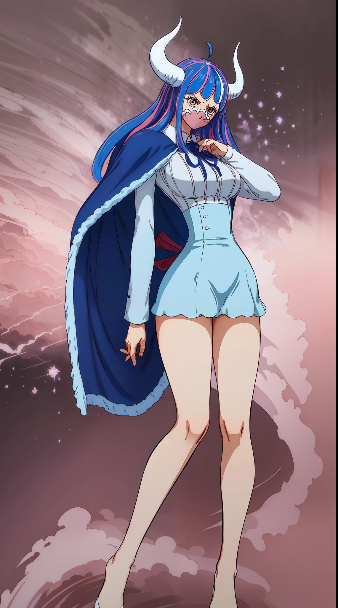 Ulti from one piece, blue hair, red eyes, pink mask, horns, Ulti takes to wearing a long-sleeved minidress that is white and pleated above the waist, with a blue bow below a point collar. The dress's lower, light-blue, and non-pleated section, with a button placket in the middle, ends in a short skirt part that has a slightly ruffled hem, leaving most of Ulti's legs visible. Fastened on her shoulders is a darker-blue cape, red heels, booty, side view, close up,