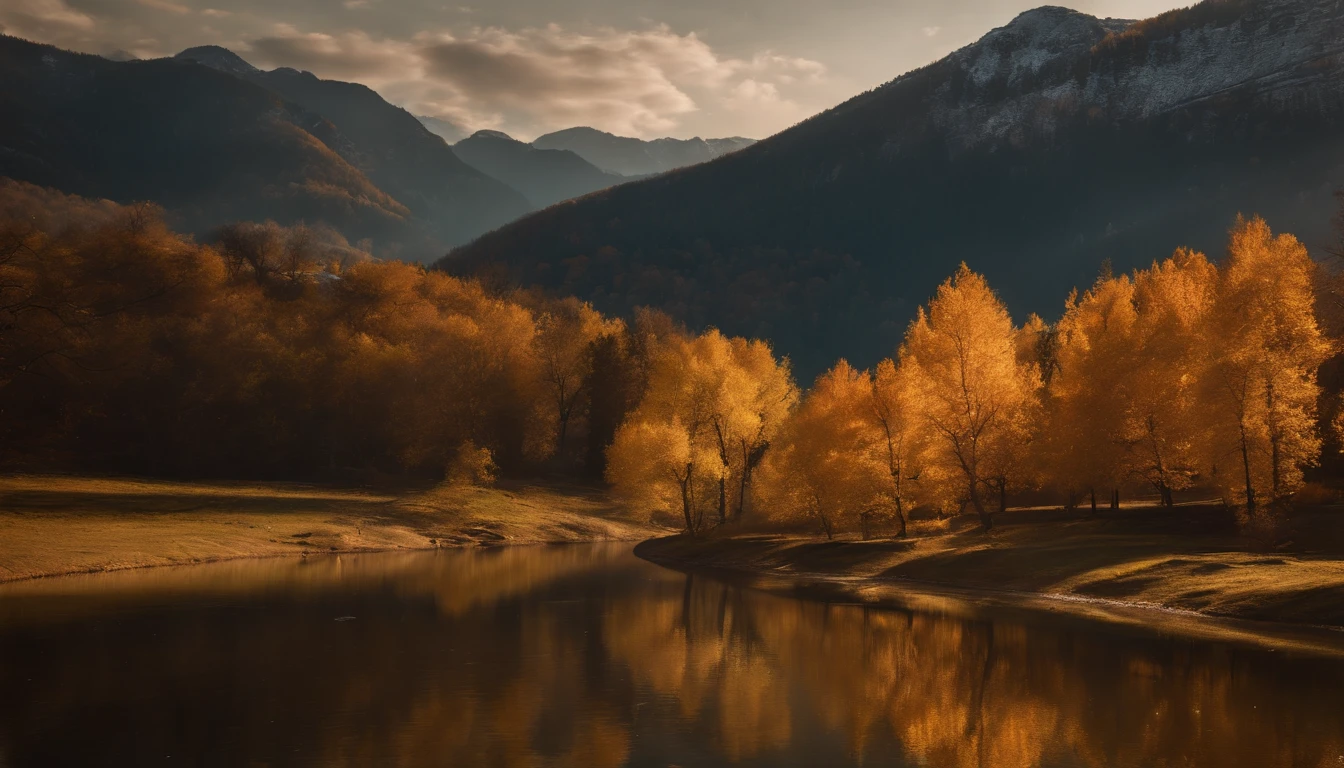 high-level image quality,(8K, hentail realism, RAW photogr, top-quality: 1.4), Ultra-wide angle of view,Beautiful view of autumn,rivulets,The background is mountains,Ginkgo tree,golden autumn,Daytime,Sheer sunlight,Colored leaves,high qulity,super-fine,Hyper-realistic,Ultra photo realsisim,Realistic landscape,35mm camera lens,ultra - detailed