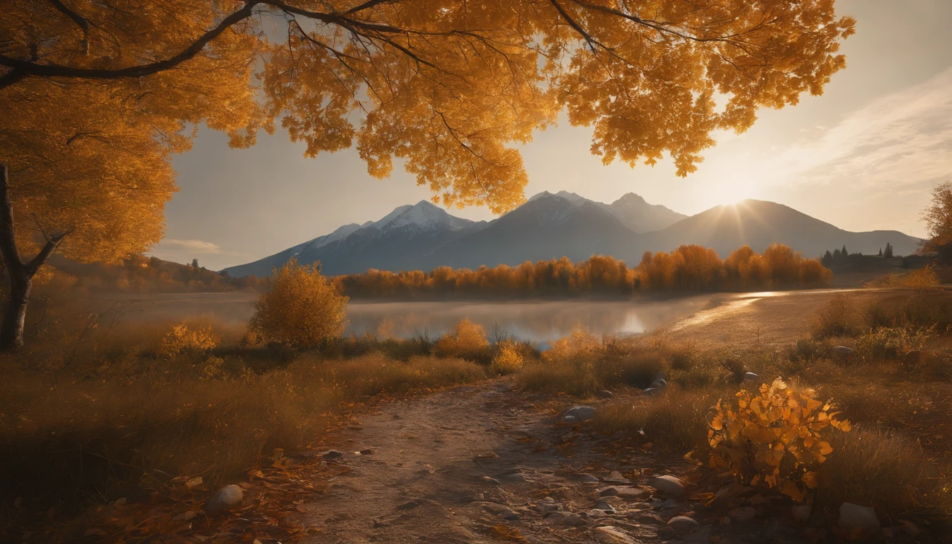 high-level image quality,(8K, hentail realism, RAW photogr, top-quality: 1.4), Ultra-wide angle of view,Beautiful view of autumn,rivulets,The background is mountains,Ginkgo tree,golden autumn,Daytime,Sheer sunlight,Colored leaves,high qulity,super-fine,Hyper-realistic,Ultra photo realsisim,Realistic landscape,35mm camera lens,ultra - detailed