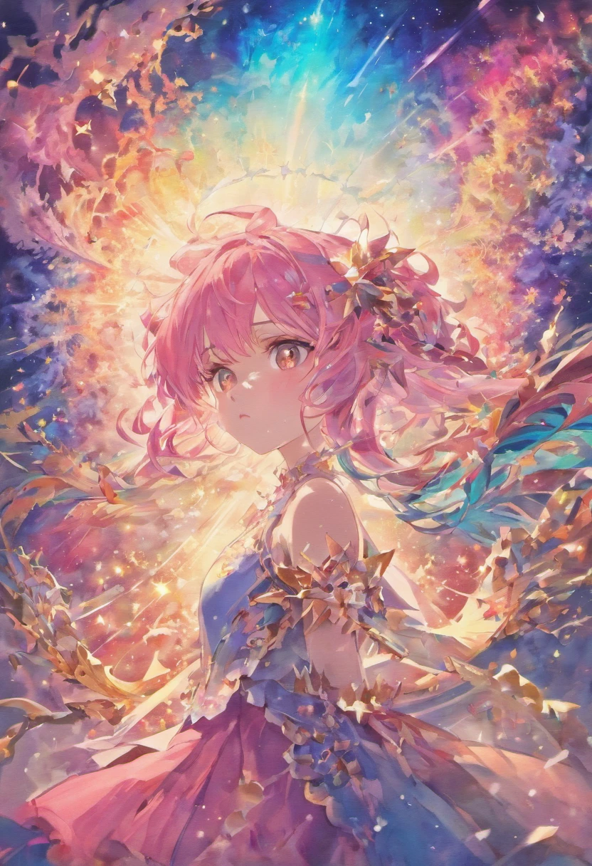 (masterpiece, top quality, best quality,watercolor (medium),official art, beautiful and aesthetic:1.2),(1girl:1.3), (fractal art:1.3),upper body, from side, looking at viewer,patterns,(rainbow color Hair,colorful hair,half blue and half pink hair:1.2),water,liquid, cloud,colorful, starry,stars,