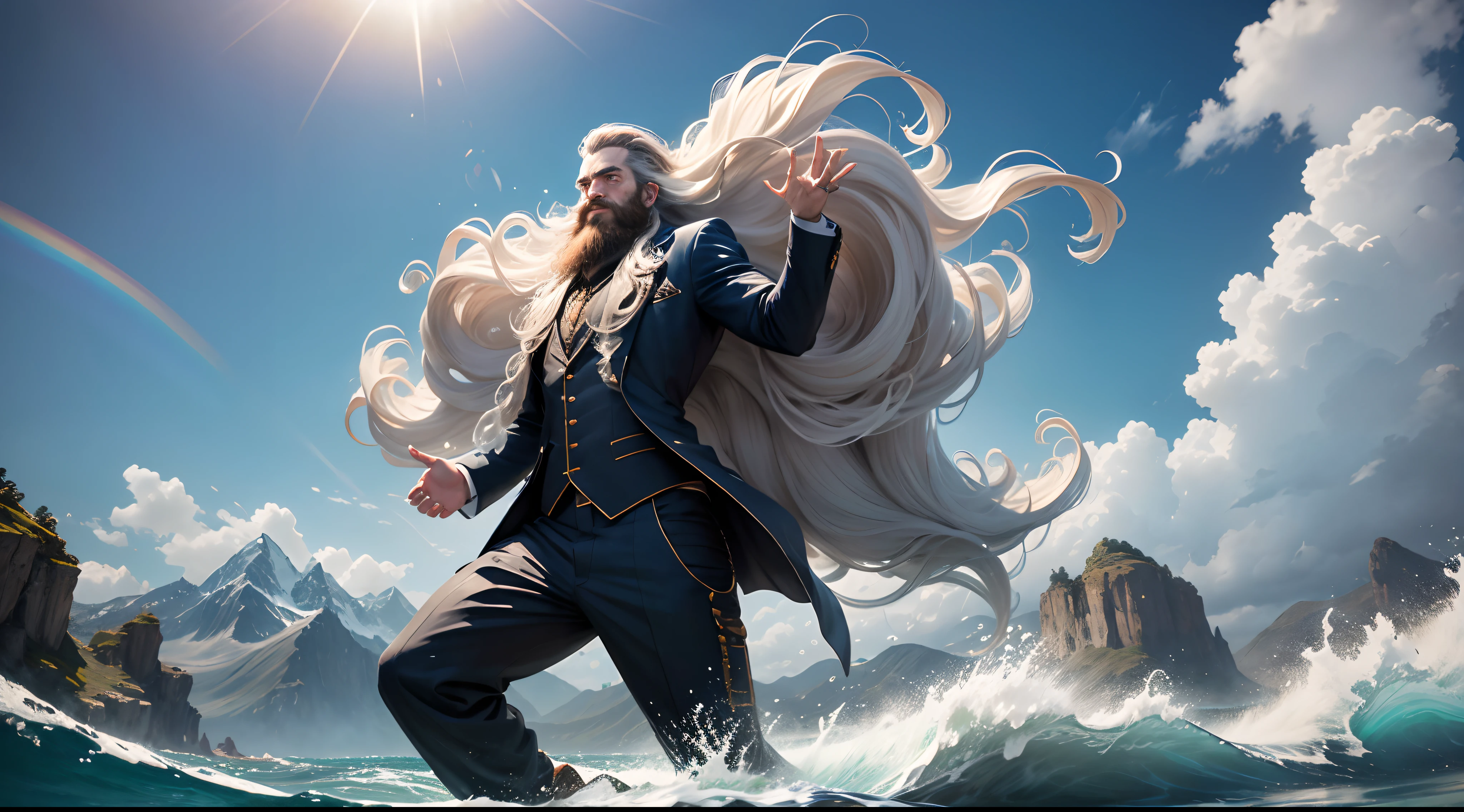 A beard man with dredlock hair, floating in the sky, wearing suit,he possesses hydrokinesis, displaying the ability to move water in the form of flying, creating massive waves and splashes,in the ocean, five fingers with details, masterpiece, award winning, (16k resolution) , high quality, mountains in distance, clouds, rainbow