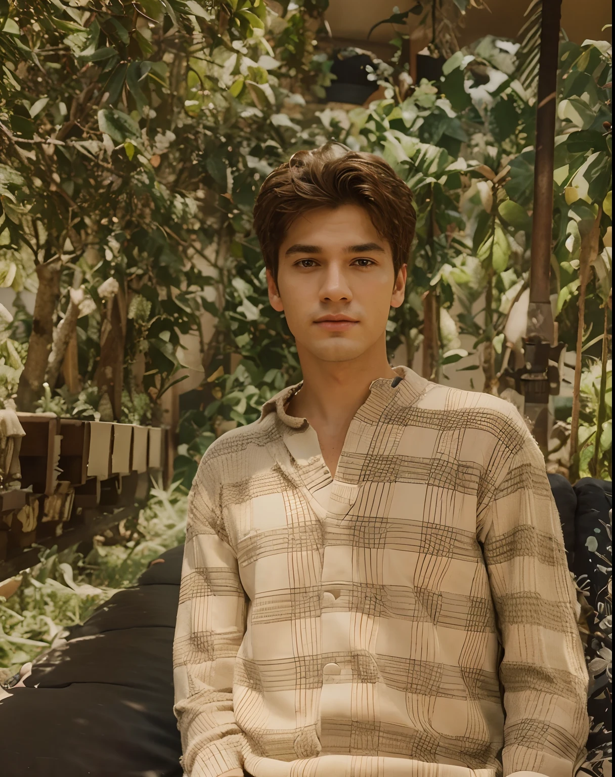 not to change his face background should be room realistic sitting on a cozy couch crossing legs soft light realistic Pro Max realistic
