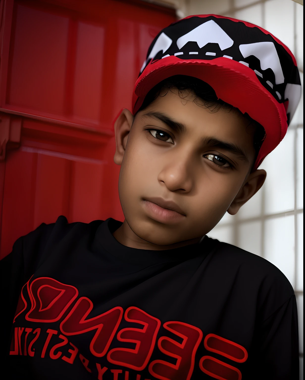 arafed boy wearing a red shirt and a black and white hat, reyyan, riyahd cassiem, khyzyl saleem, ismail, mohamed chahin, ash thorp khyzyl saleem, ayan nag, very very low quality picture, kyza saleem, wearing a red backwards cap, enes dirig, sayem reza