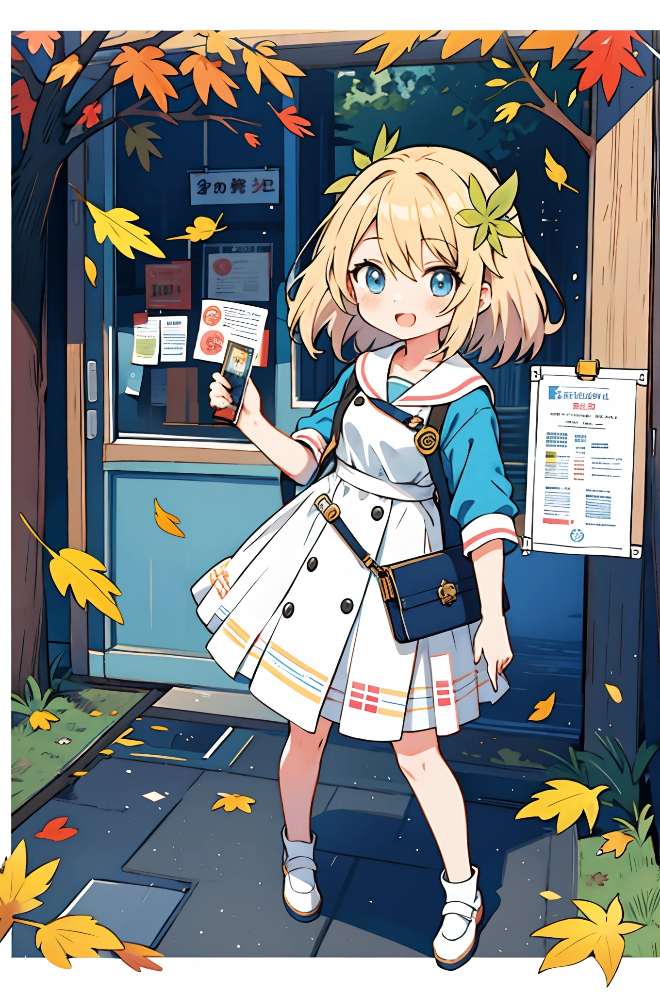 1 girl, the anime, Anime style, Holds leaflets, distributes leaflets, advertisement, Leaves, Holding a leaflet, gives the leaflet, asks to be picked up