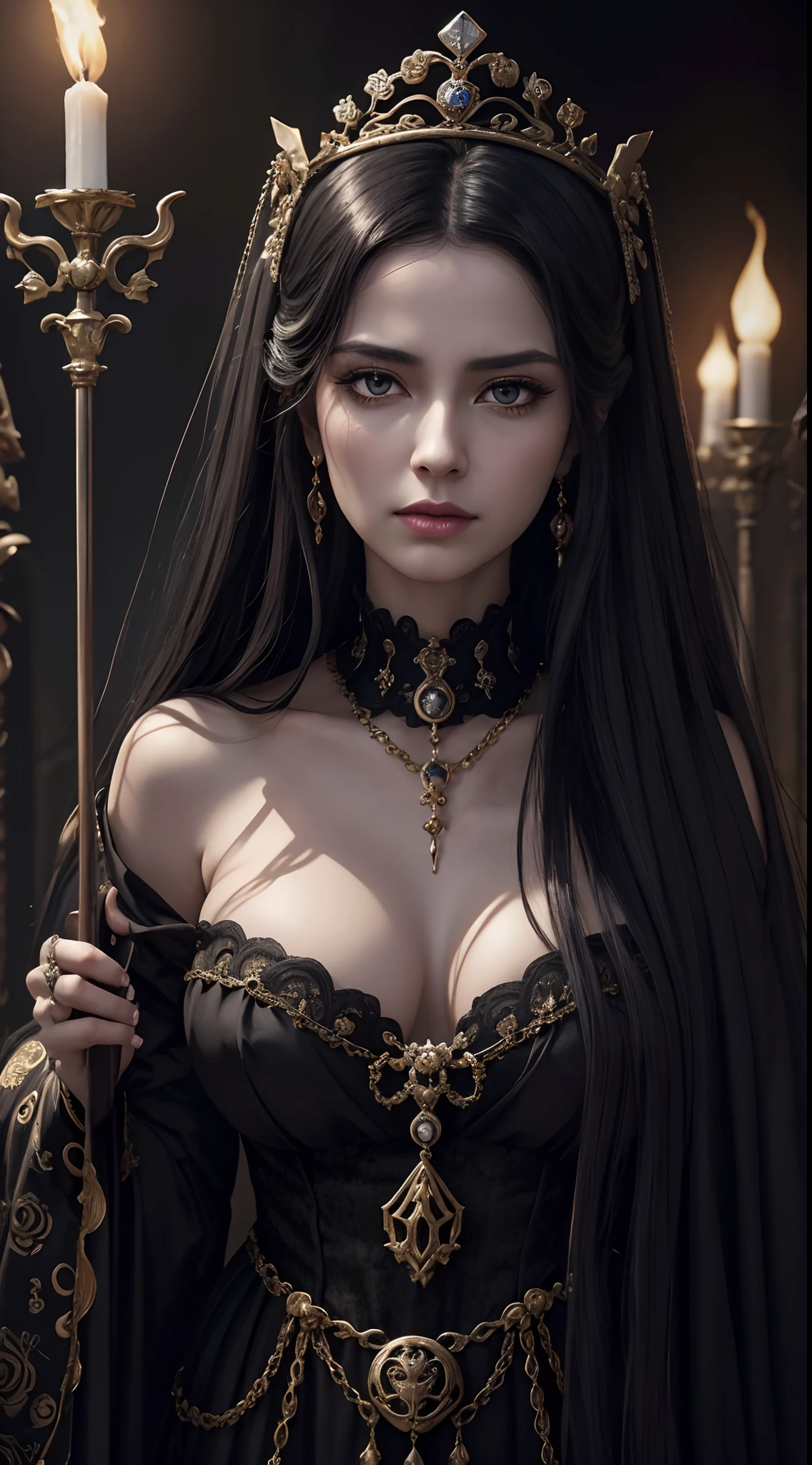 Black and gold tones、Hell、purgatory、Mozart's Requiem、Mystical、horor、gotik、darkness、karo、badas、epidemic、ruler、Pitch Black Darkness、hopelessness、lamentation、oppression、nothingness、intense cold、Black Ghost、Adult female mature woman in her 40s、Queen of the Dead、Persephone、lilith、hades、awe、immortal、draconian、Awe-inspiring Hall々、Proud、noble、dignity、solemnity、Bewitching、Chaste and lascivious cohabitation、hatred、obsession、jewely、ruthless、greed、3-point live method、Oil Painting、Best Quality、hight resolution、foco nítido、Perfect Angle、perfect-composition、From behind、Portrait of Queen D，Highly detailed footage of the Queen of the Dead，Stunning portrait of the Queen of the Exparted，Portrait of the Queen of the Dead，Full body close-up of the Queen of the Dead