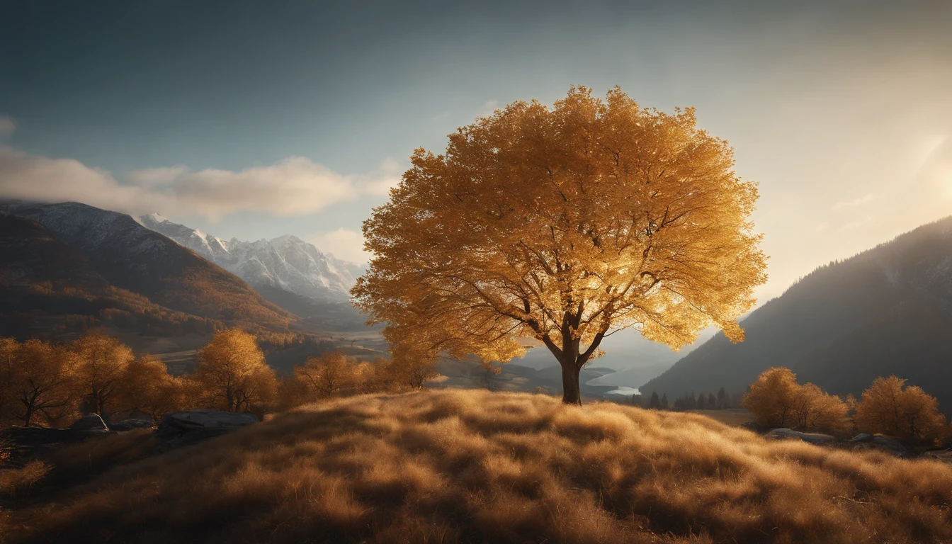 high-level image quality,(8K, hentail realism, RAW photogr, top-quality: 1.4), Ultra-wide angle of view,Beautiful view of autumn,rivulets,The background is mountains,Ginkgo tree,golden autumn,Daytime,Sheer sunlight,Colored leaves,high qulity,super-fine,Hyper-realistic,Ultra photo realsisim,Realistic landscape,35mm camera lens,ultra - detailed