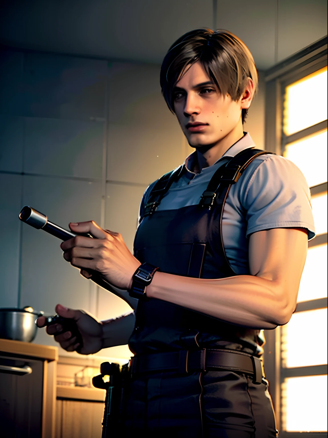 1 boy, shot by re4leon, leon S. Kennedy from the movie Resident Evil 4, wearing a white shirt and black cargo pants, wearing a Cooking apron, standing in a kitchen, cooking, bright kitchen background, bright window in the background, holding a pan in the hand