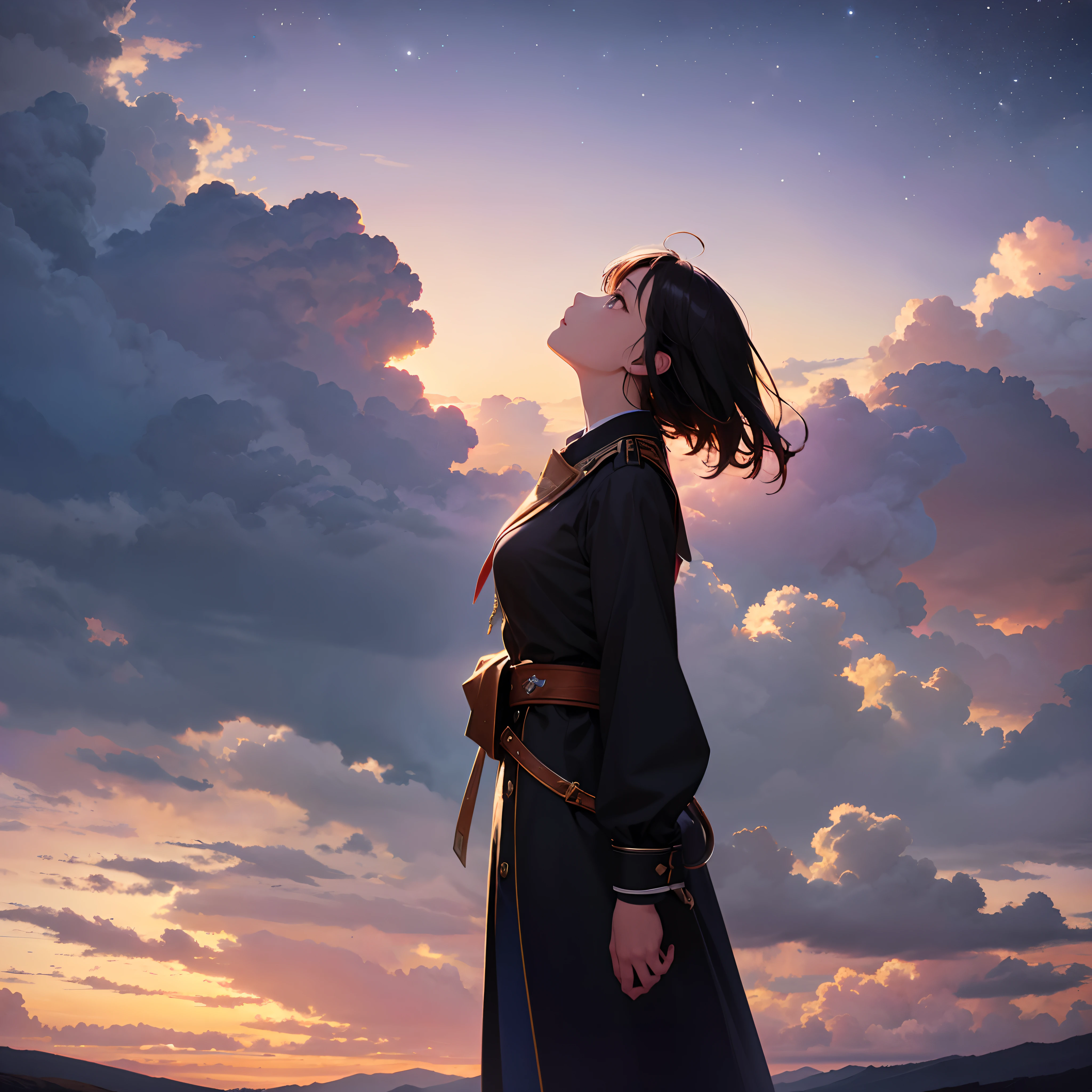 absurdres, highres, (official art, beautiful and aesthetic:1.2), close view,
1girl, shining sky, vast world, gazing, awe-inspiring expression, distant horizon, clouds, high hill, natural beauty, inspiration, night sky, Shining Stars,
