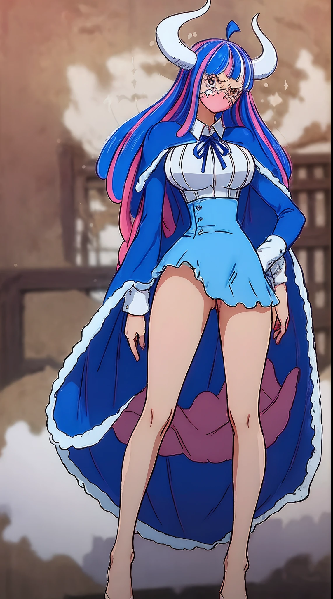 Ulti from one piece, blue hair, red eyes, pink mask, horns, Ulti takes to wearing a long-sleeved minidress that is white and pleated above the waist, with a blue bow below a point collar. The dress's lower, light-blue, and non-pleated section, with a button placket in the middle, ends in a short skirt part that has a slightly ruffled hem, leaving most of Ulti's legs visible. Fastened on her shoulders is a darker-blue cape, red heels, booty, side view, close up,