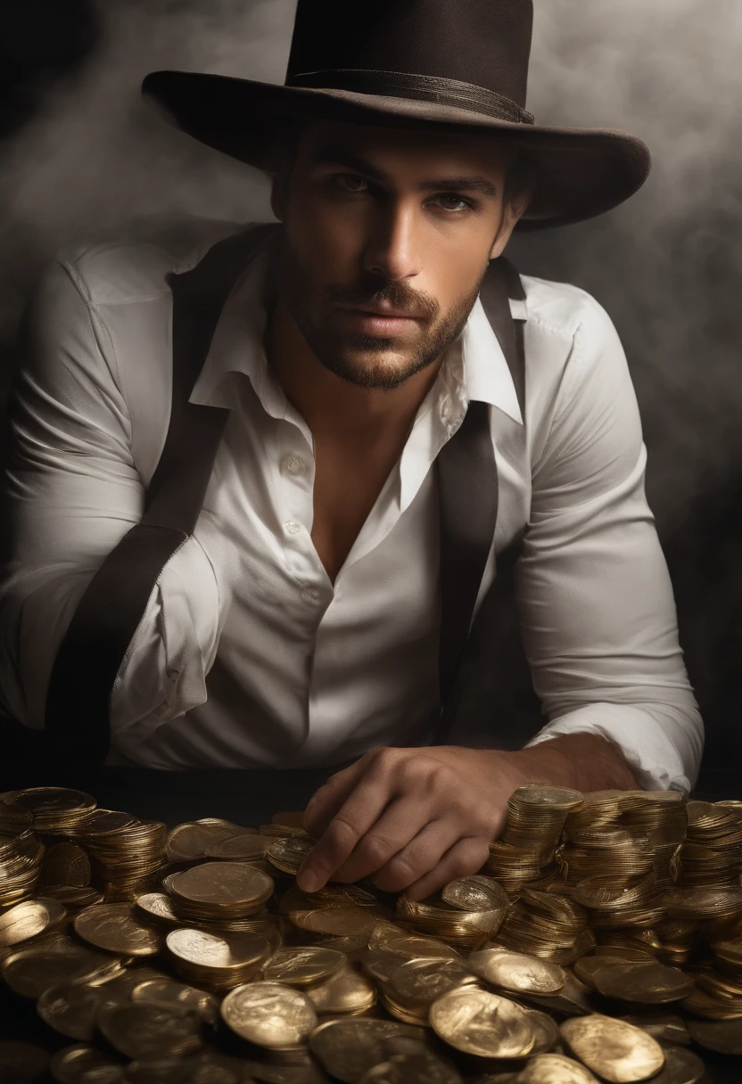 Homem lutando com dinheiro, oil-painting, pinceladas duras, lighting dramatic, intense expression, olhos determinados, punhos cerrados, suor escorrendo pelo rosto, roupas de pobre amassadas, correntes quebradas, Holding a purse full of dollar bills, com cara de surpreso, Chart of the crumbling stock market, Smoke rises in the background, preto e branco com um toque de ouro, realismo. (melhor qualidade, alta resolução, ultradetalhada), (Realista: 1,37), cores profissionais e vivas.