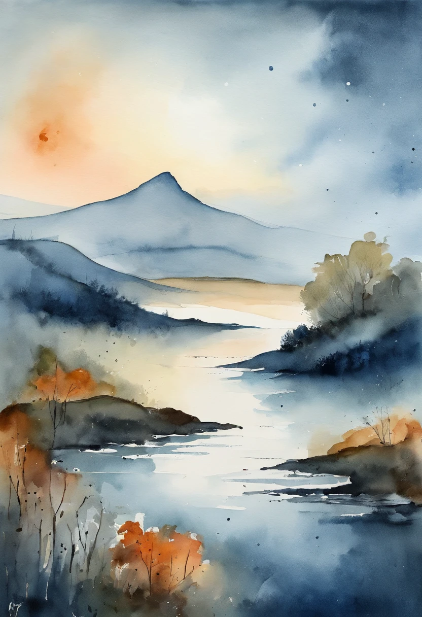 Simple landscape painting，Ancient wind，Around eleven o'clock in the evening，Clouds，themoon，naive，Line watercolor，Star blue