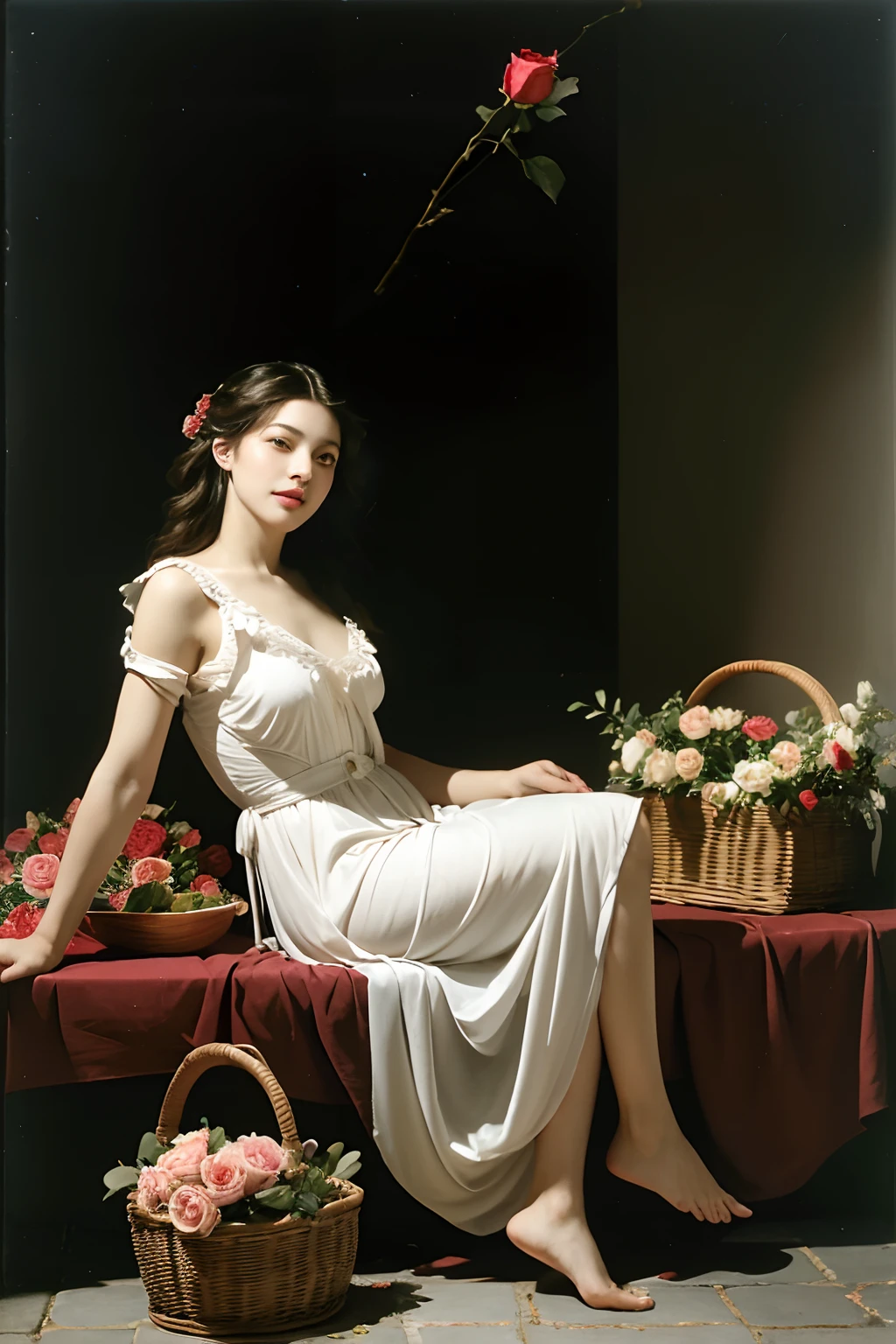 Rose Tree,Caravaggio-style diagonal light from the left side of the wall,Cute smile,erotick,Costumes in the style of ancient Greece,A sexy,ecstacy,Beauty,Sweet ecstatic look.Great beauty in the fruit basket,Bouquet of roses,Caravaggio's paintings,Chiaroscuro of Caravaggio,Wind-tousled hair