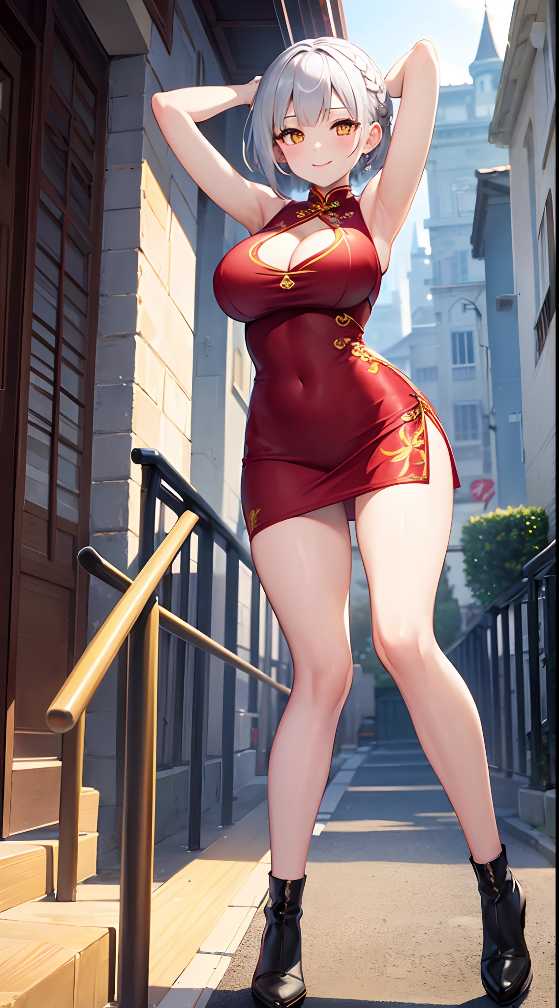1 girl, game CG, red cheongsam, cleavage visible, short cheongsam skirt, gigantic breasts, silver hair, short hair, french braid, yellow eyes, smile, arms behind head, outside,