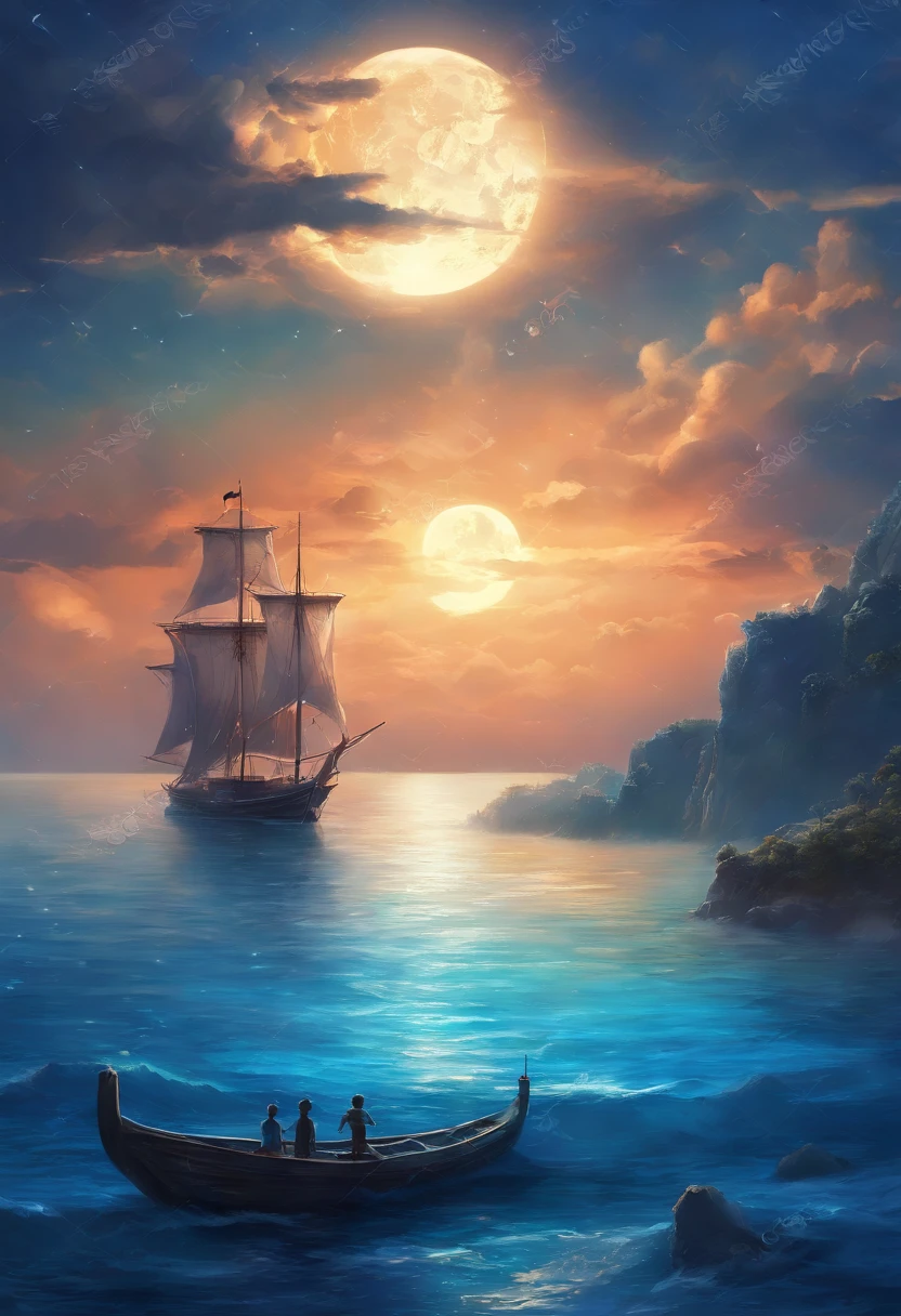 (Best quality,4K,8K,A high resolution,Masterpiece:1.2),Ultra-detailed,(Realistic,Photorealistic,photo-realistic:1.37),Vivid colors,Nautical theme,Dramatic lighting,towering skyscrapers,Expansive ocean,Moonlit Night,tranquil ambiance,tranquil ambiance,Striking skyline,captivating visuals,Tense and dramatic scenes,A little boy sits on a lone boat,Holding a blue lantern,Be captivated by the blue lanterns floating in the sky,A vibrant sea of blue lights filling the night sky,Sail in the mysterious sea of night.