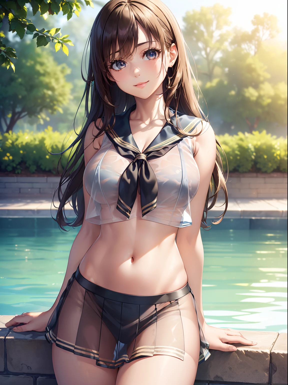 ((masterpiece, best quality, highres, UHD, perfect pixel, depth of field, 4k, RTX, HDR))), 1girl, single, solo, show off cleavage, beautiful girl, beautiful artstyle, ((long hair, bangs, brown hair, curly hair:0.8)), ((Detailed beautiful eyes, beautiful eyelashes, realistic eyes)), ((detailed face)), ((smooth texture:0.75, realistic texture:0.65, photorealistic:1.1)), large breasts, dynamic angle, perfect body, ((cowboy shot, pov)), ((( Sheer sailor shirt, Sleeveless, Open front))), (((Navel ))), (((Sheer Micro Mini Skirt))), smile, poolside