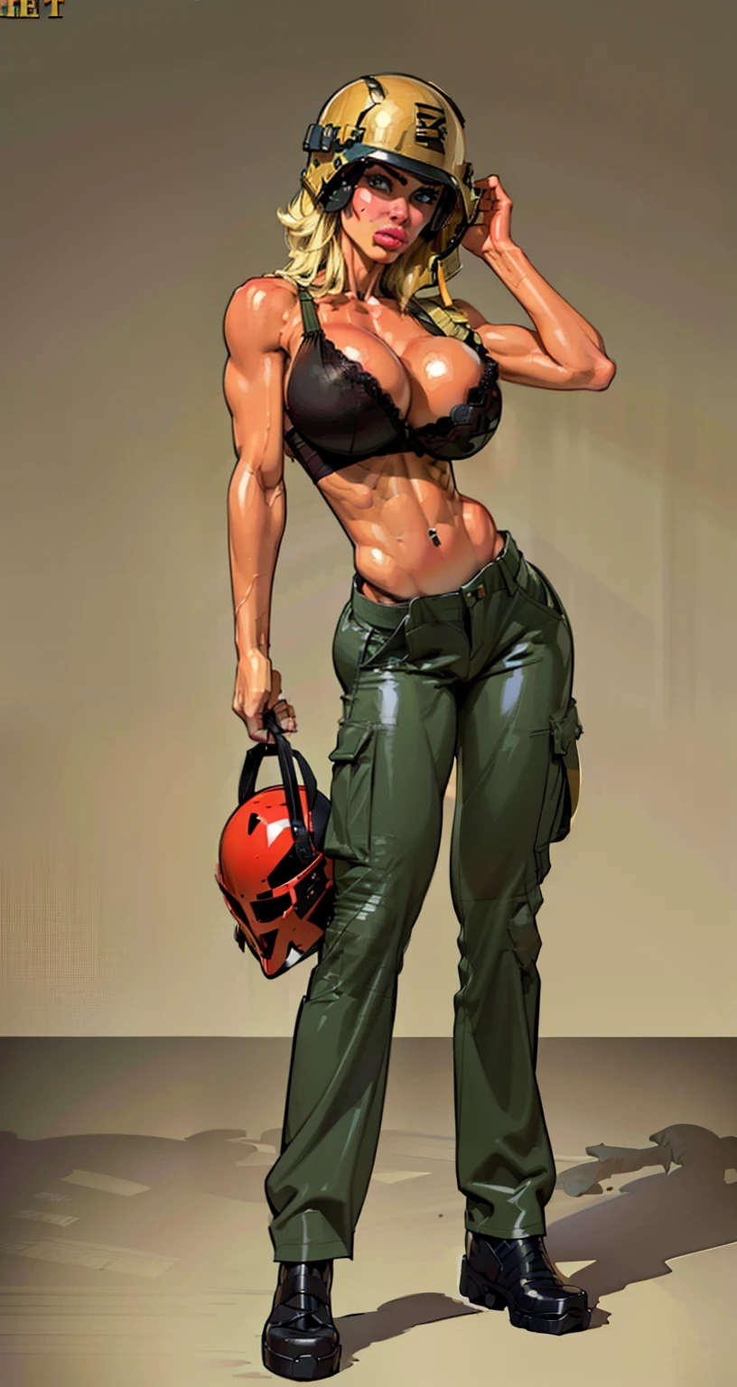 sexy ((soldier1.6))((military helmet:1.5)) wearing (cargo pants:1.4)(perfect face), detailed face, (symmetrical eyes), perfect nose, (wears vest:1.2), wearing (small black bra on :1.4) that barely covers the , (gigantic breasts:1.4) (blonde hair combed to side:1.6)analog style posing against a tank, (backlit)1.2, (film grain)1.2, cinematic movie still frame, low-rise pants (large lips, bimbo style, thepit, perfect eyebrows)
