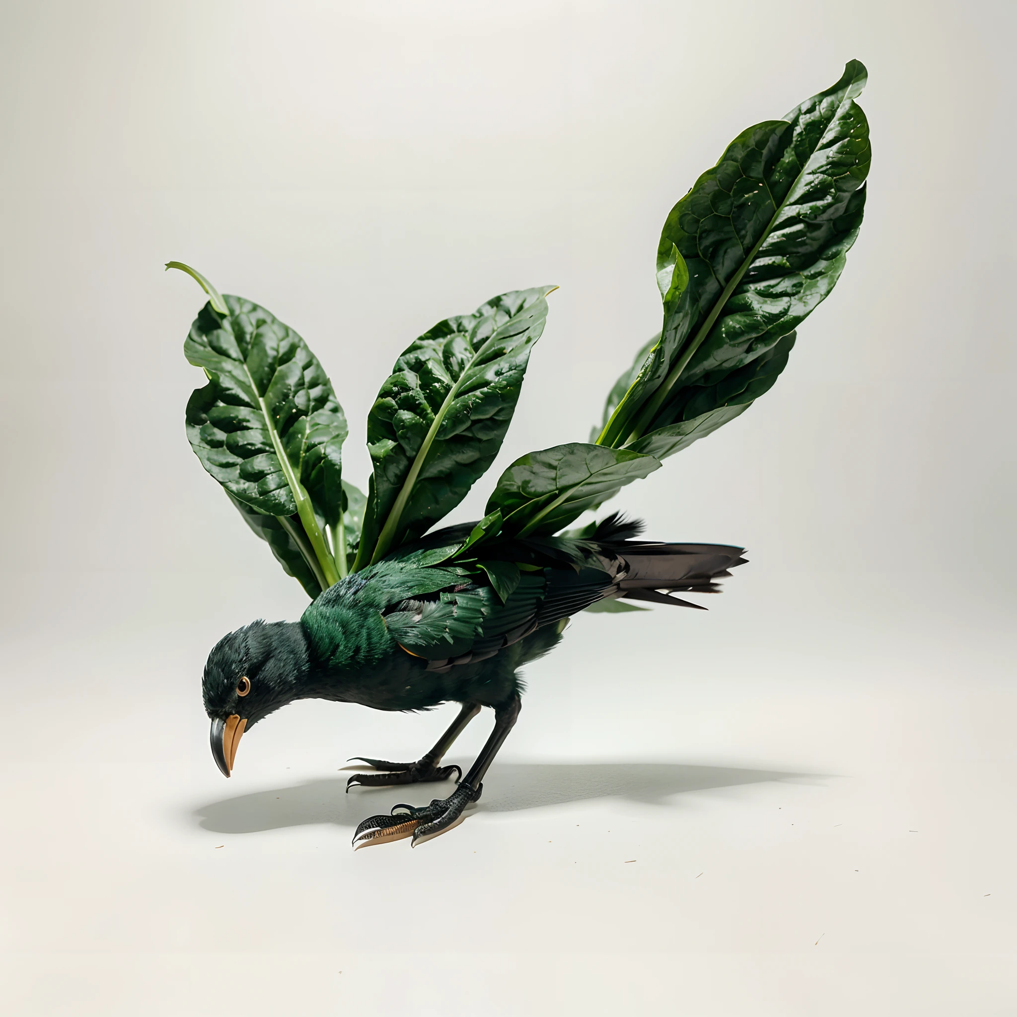 The body of the bird is made up of spinach, Instead of feathers, the bird has spinach leaves, Green Spinach Ptmitsa, foto realista, whitebackground