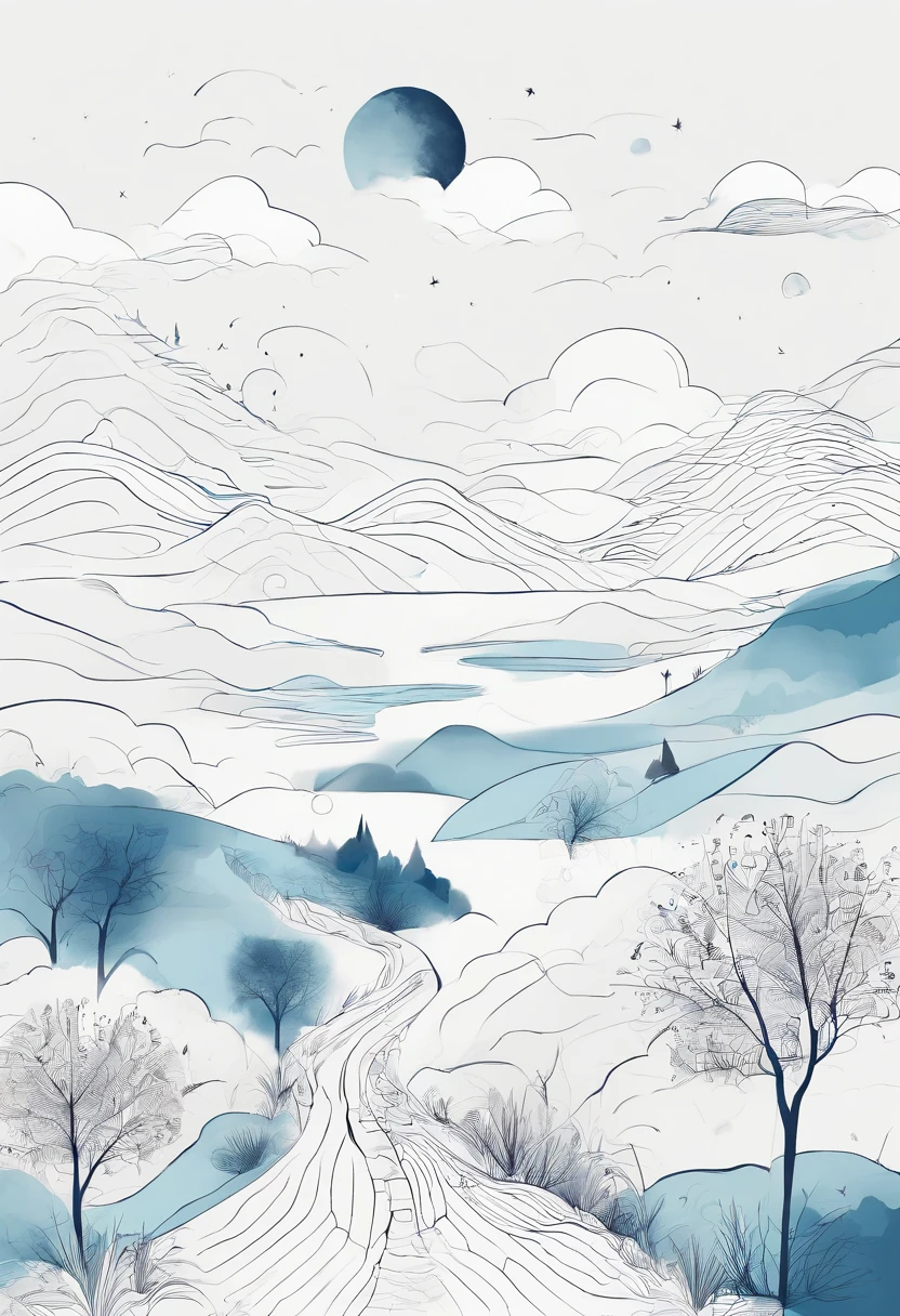 Simple landscape painting,Ancient wind,Around eleven o'clock in the evening,Clouds,themoon,naive,Line watercolor,Star blue