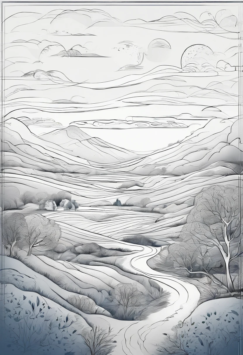 Simple landscape painting,Ancient wind,Around eleven o'clock in the evening,Clouds,themoon,naive,Line watercolor,Star blue