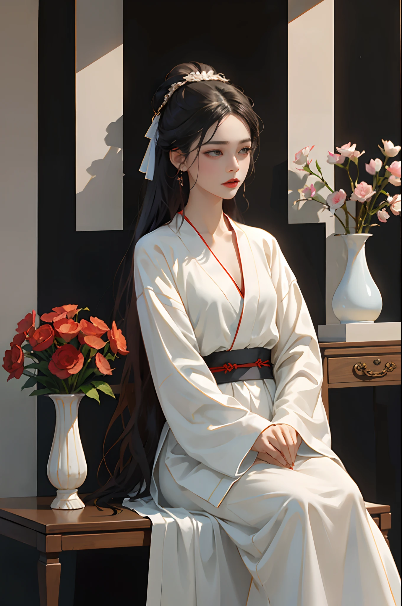 There is a woman sitting on a table with a vase, white skin, melancholy eyes, a palace, a girl in Hanfu, beautiful figure painting, white Hanfu, Hanfu, hair accessories, , looking at the viewer, red lips, skirt, hair accessories, necklaces, jewellery, long hair, earrings, closed mouth, extravagance