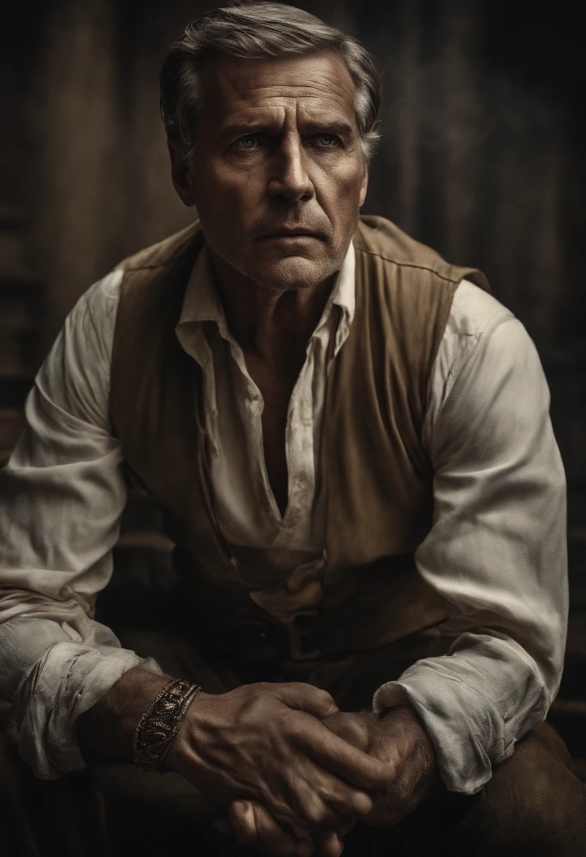 Homme luttant contre l'argent, oil painting, coups de pinceau durs, dramatic lighting, expression intense, Determined eyes, Clenched fists, sueur coulant sur son visage, Wrinkled Poor Clothes, Broken Chains, tenant un porte-monnaie remplit de billets de dollar, avec un visage surpris, graphique de la bourse en ruine, Smoke rises to the bottom, noir et blanc avec une touche d'or, realism. (beste-Qualit, high resolucion, Ultra-detailed), (Realstic : 1,37), couleurs professionnelles et vives.