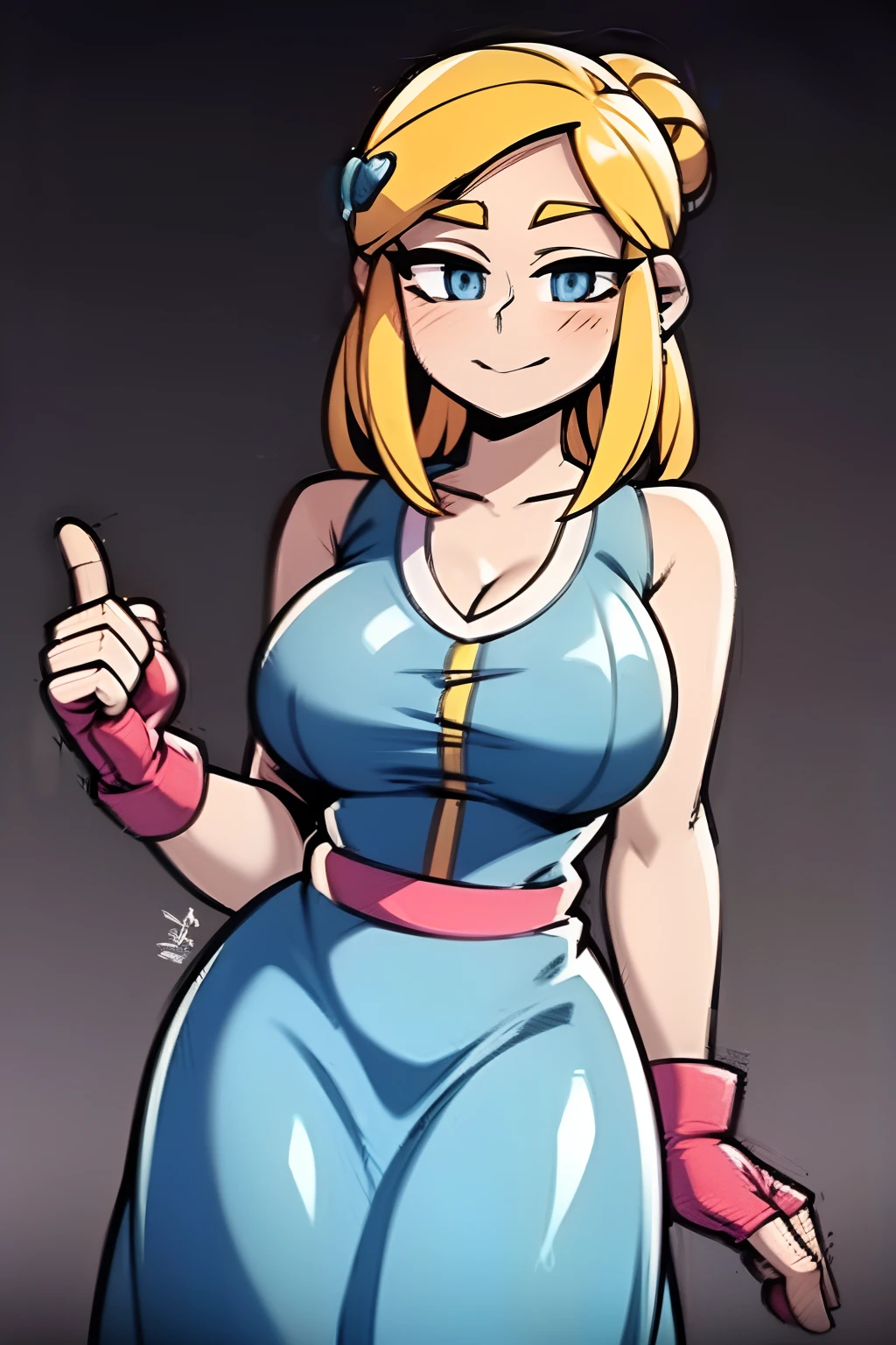 Blue Eyes Blonde,Blue butterfly pin on hair,1girl,独奏,cyan shirt,blue dress,Blue skirt,pink gloves,Dressed,((large breasts,big breastes,wide hips)),Smiling,((blushes,Realistic,Hand detailing,Finger detailing,Face detailing,detailes eyes,piper))