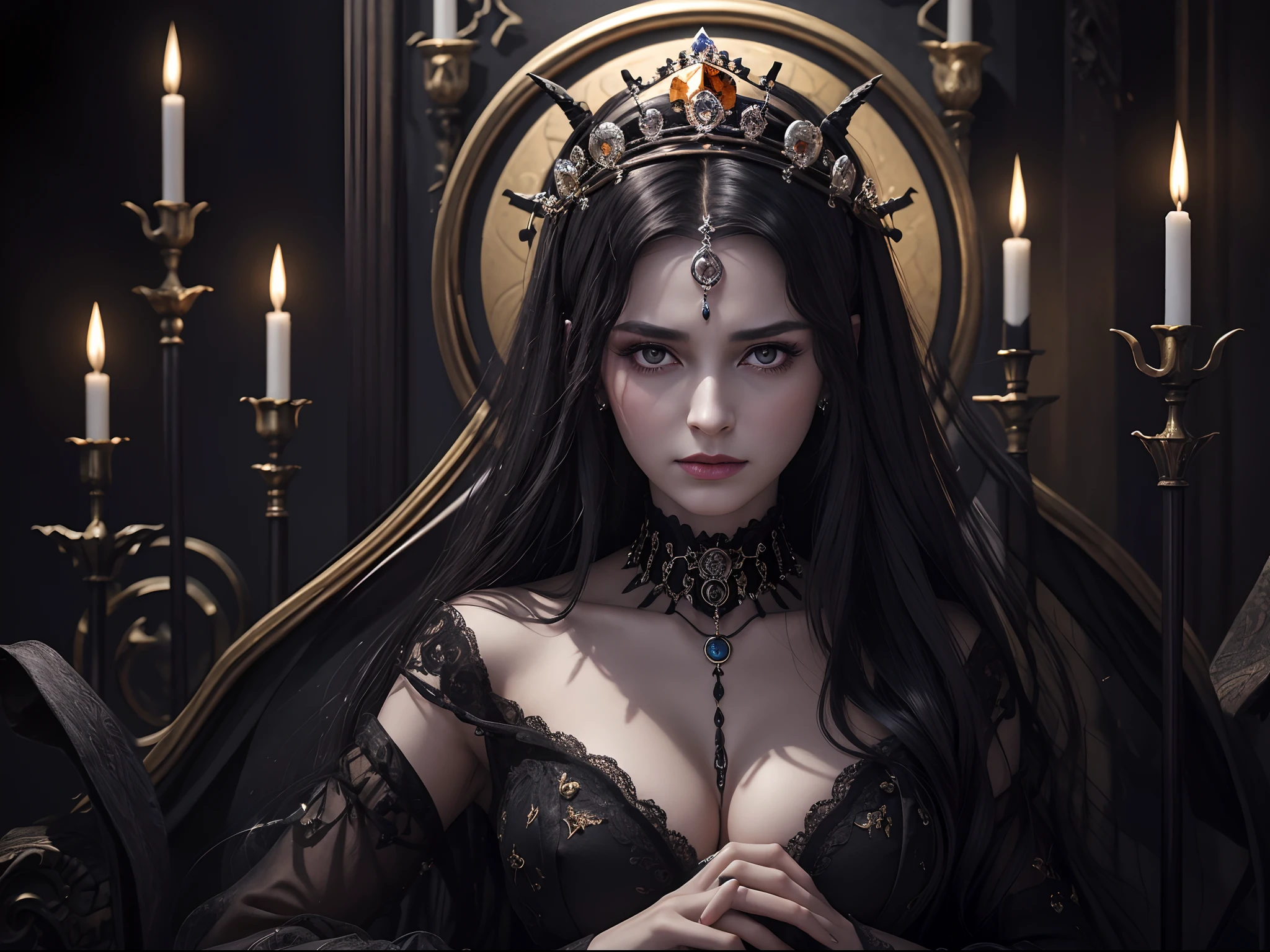 Black and gold tones、Hell、purgatory、Mozart's Requiem、Mystical、horor、gotik、darkness、karo、badas、epidemic、ruler、Pitch Black Darkness、hopelessness、lamentation、oppression、nothingness、intense cold、Black Ghost、Adult female mature woman in her 40s、Queen of the Dead、Persephone、lilith、hades、awe、immortal、draconian、Awe-inspiring Hall々、Proud、noble、dignity、solemnity、Bewitching、Chaste and lascivious cohabitation、hatred、obsession、jewely、ruthless、greed、3-point live method、Oil Painting、Best Quality、hight resolution、foco nítido、Perfect Angle、perfect-composition、Portrait of Queen D，Highly detailed footage of the Queen of the Dead，Stunning portrait of the Queen of the Exparted，Portrait of the Queen of the Dead，Full body close-up of the Queen of the Dead
