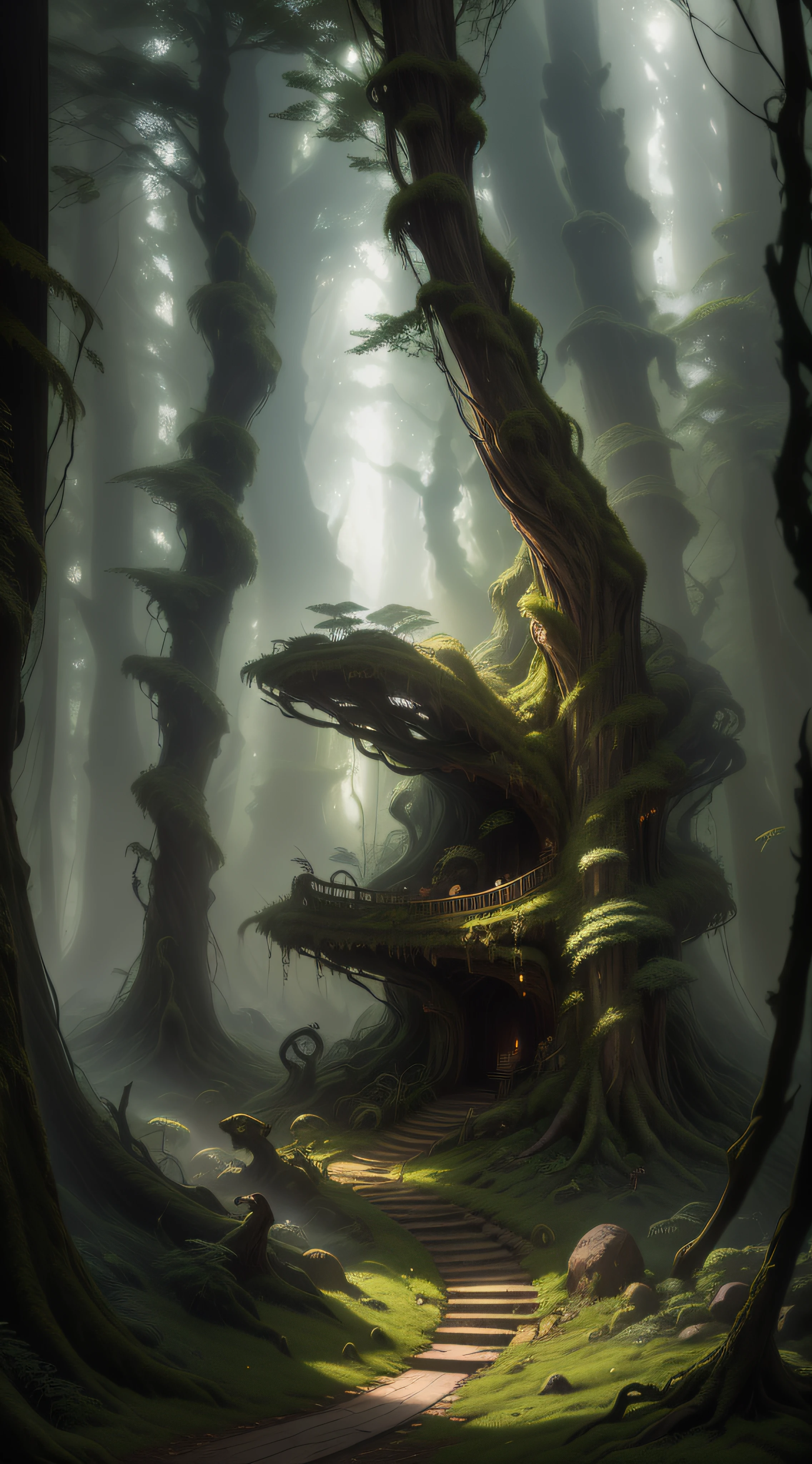 Housed in a gigantic tree: a door A door opening onto an enchanting and luminous world. Forest of majestic trees, colossal roots, surrounded by mist, forest filled with green moss and climbing, dark and disturbing. misty wood, trees with a mystical aura, sunlight filtering through the fog, mysterious atmosphere, spotted light, purple mist, ethereal landscape, creepy ambience, bright green moss, dense fog, hidden paths, morning mist, soft colors, murmur of the wind, of a bewitching beauty, surrealist and dreamlike, quiet and intact, breathtaking and captivating images