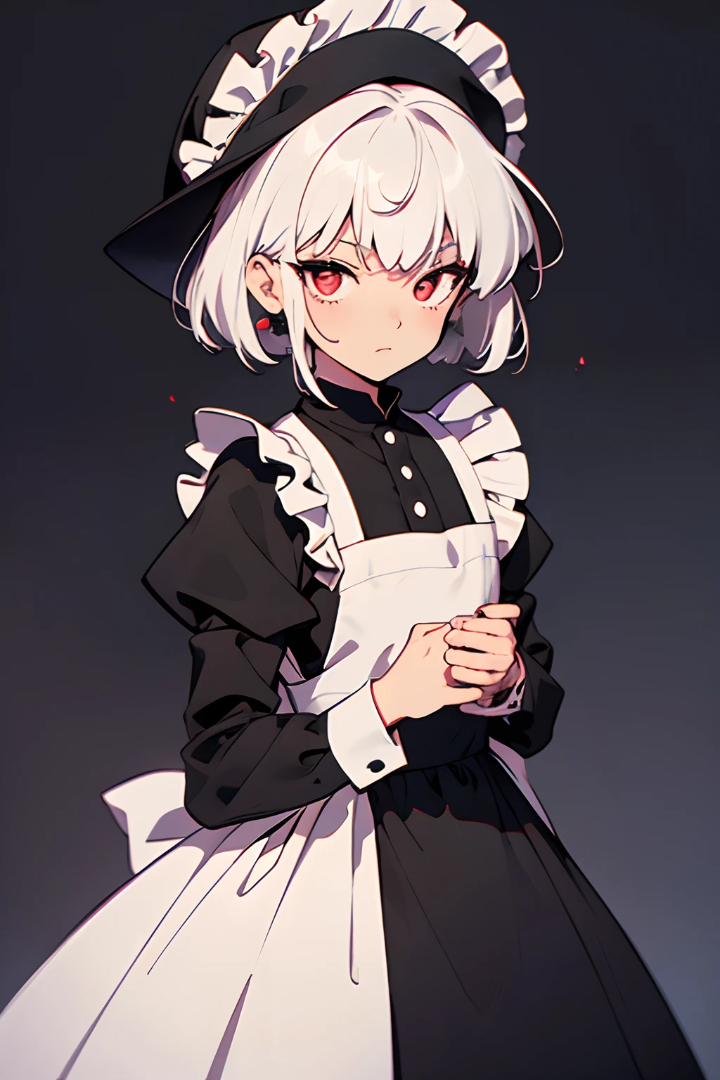 Red eyes, short white hair, maid dress, flat chest, black soft hat, bore expression, long sleeves, black long dress, shaded eyes