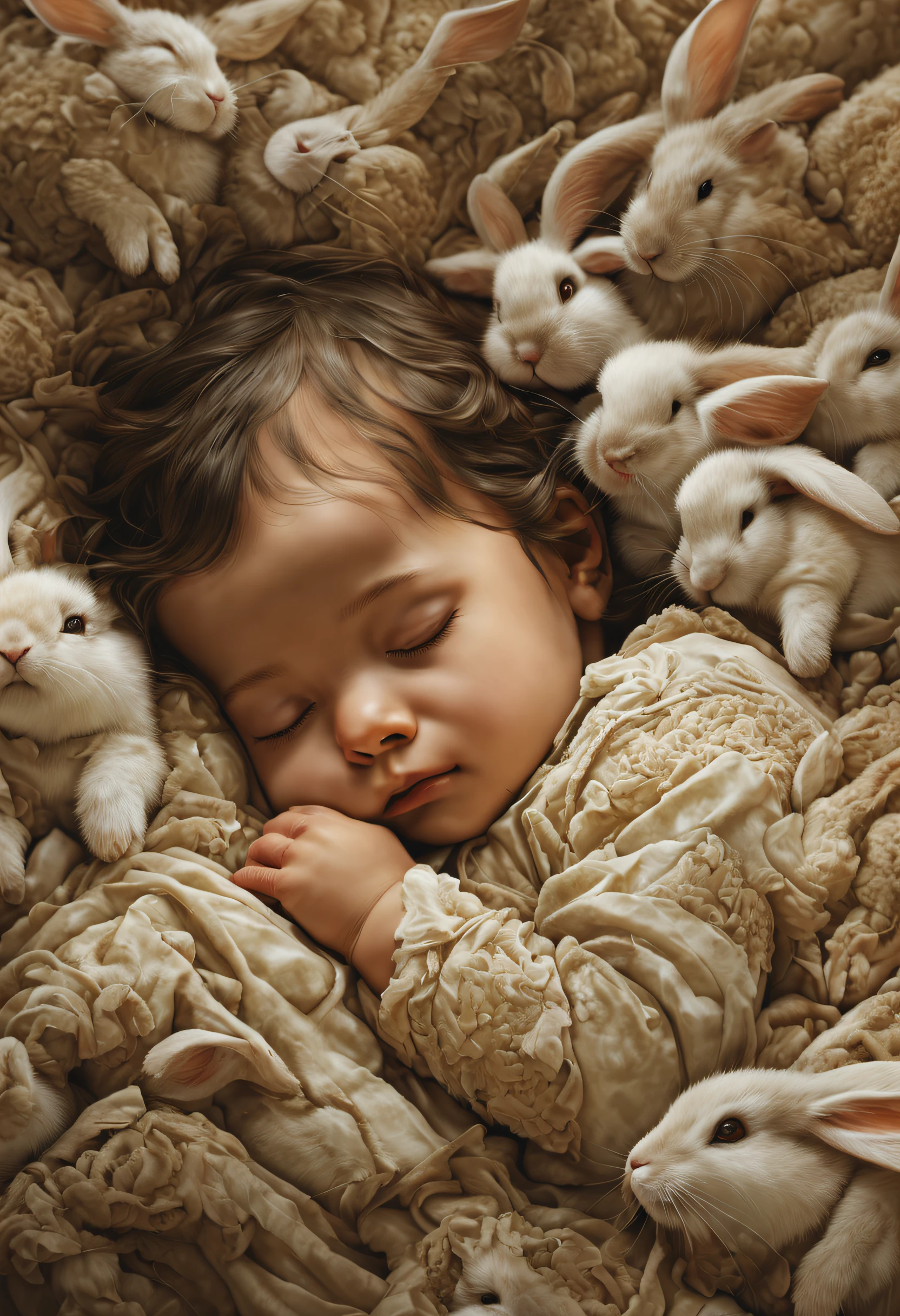 Best Quality, Realistic, 8K, Photorealistic, award-winning illustration, (Intricate details: 1.5), (delicate detail), (Intricate details), Perfect portrait composition, perfect expression, Puria Santo Face, A very cute *********** of 3 years old is sleeping, A baby rabbit is sleeping next to a ***********、Realist paintings by McConnor, pexels, Realism, Warm color background, Creates a contrast between realistic and artistic elements of the image、masutepiece、the golden ratio、8ｋAnd then、