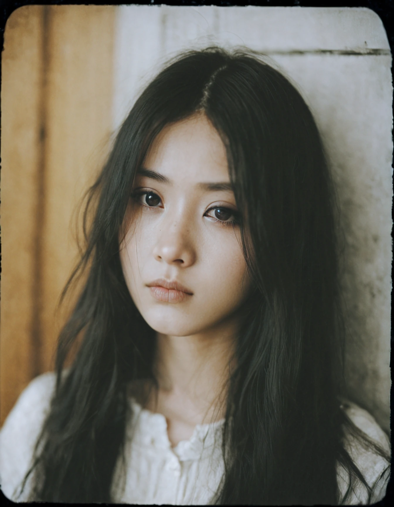 xxmix_girl, (closeup:1.2), 1girl,fluffy long hair,dark theme,black hair,messy hair, film grain ,black theme Tyndall, old apartment, polaroid camera photo