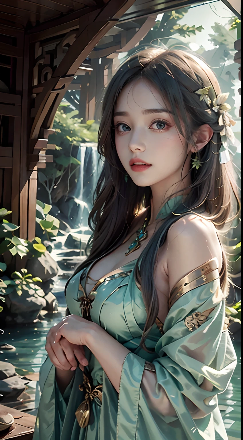 1 20-year-old girl, fairy princess, green clothes, nature clothes, nature panorama, sweet, beauty gril, twin sister.
