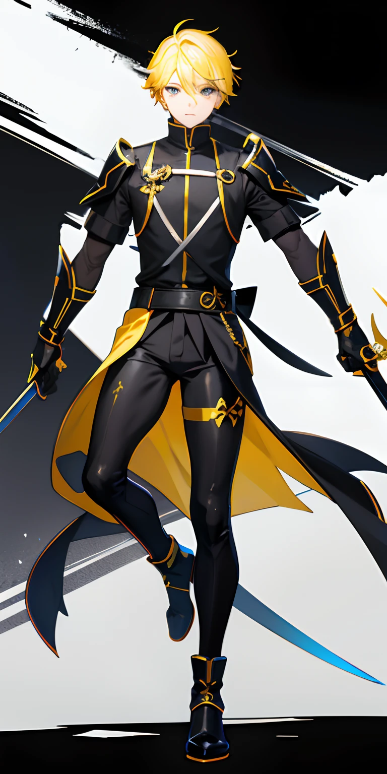 A boy, yellow hair ,with black eyes , wearing swordman suit with two swords ,
