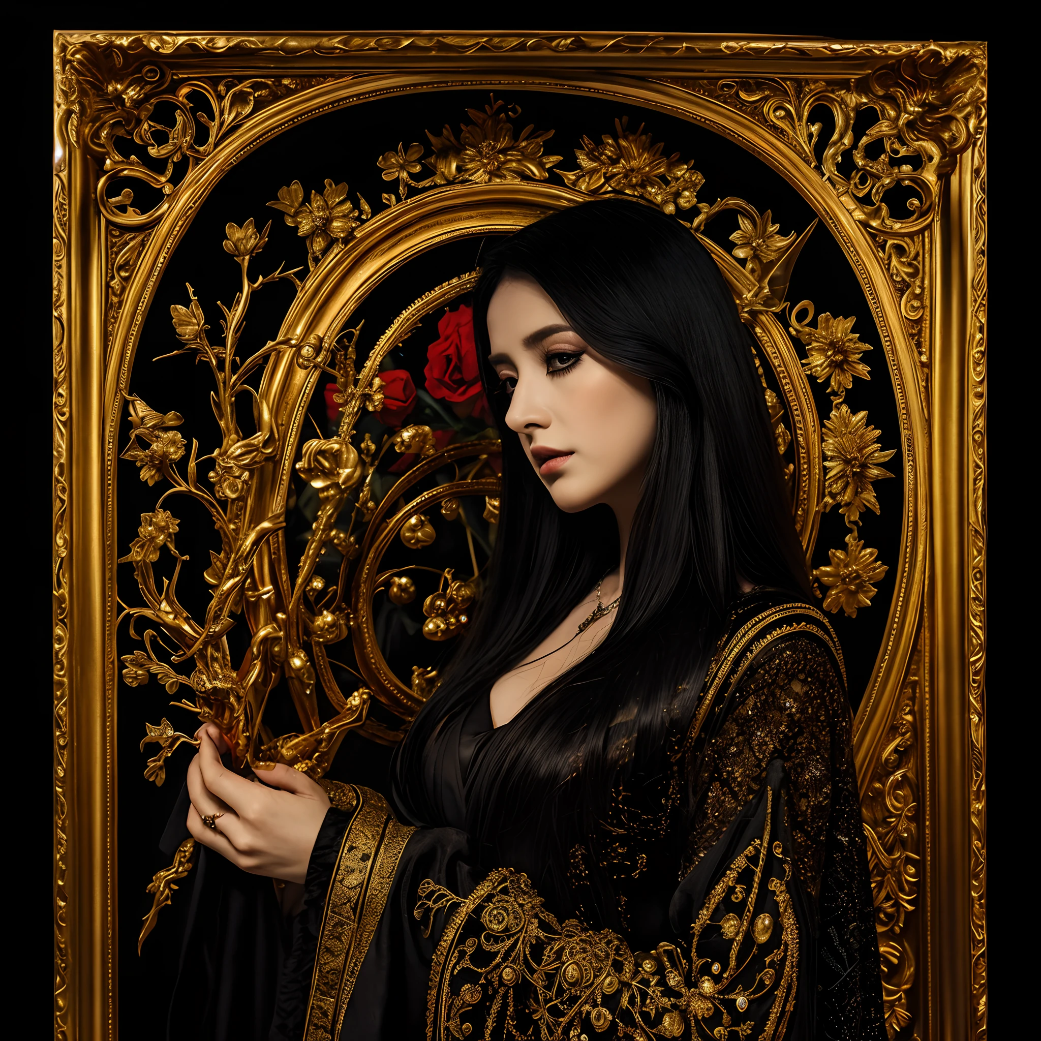 Black and gold tones、Hell、purgatory、Mozart's Requiem、Mystical、horor、gotik、darkness、karo、badas、epidemic、ruler、Pitch Black Darkness、hopelessness、lamentation、oppression、nothingness、intense cold、Black Ghost、Adult female mature woman in her 40s、Queen of the Dead、Persephone、lilith、hades、awe、immortal、draconian、Awe-inspiring Hall々、Proud、noble、dignity、solemnity、Bewitching、Chaste and lascivious cohabitation、hatred、obsession、jewely、ruthless、greed、3-point live method、Oil Painting、Best Quality、hight resolution、foco nítido、Perfect angle、perfect-composition、from side、Portrait of Queen D,Highly detailed footage of the Queen of the Dead,Stunning portrait of the Queen of the Exparted,Portrait of the Queen of the Dead,Full body close-up of the Queen of the Dead